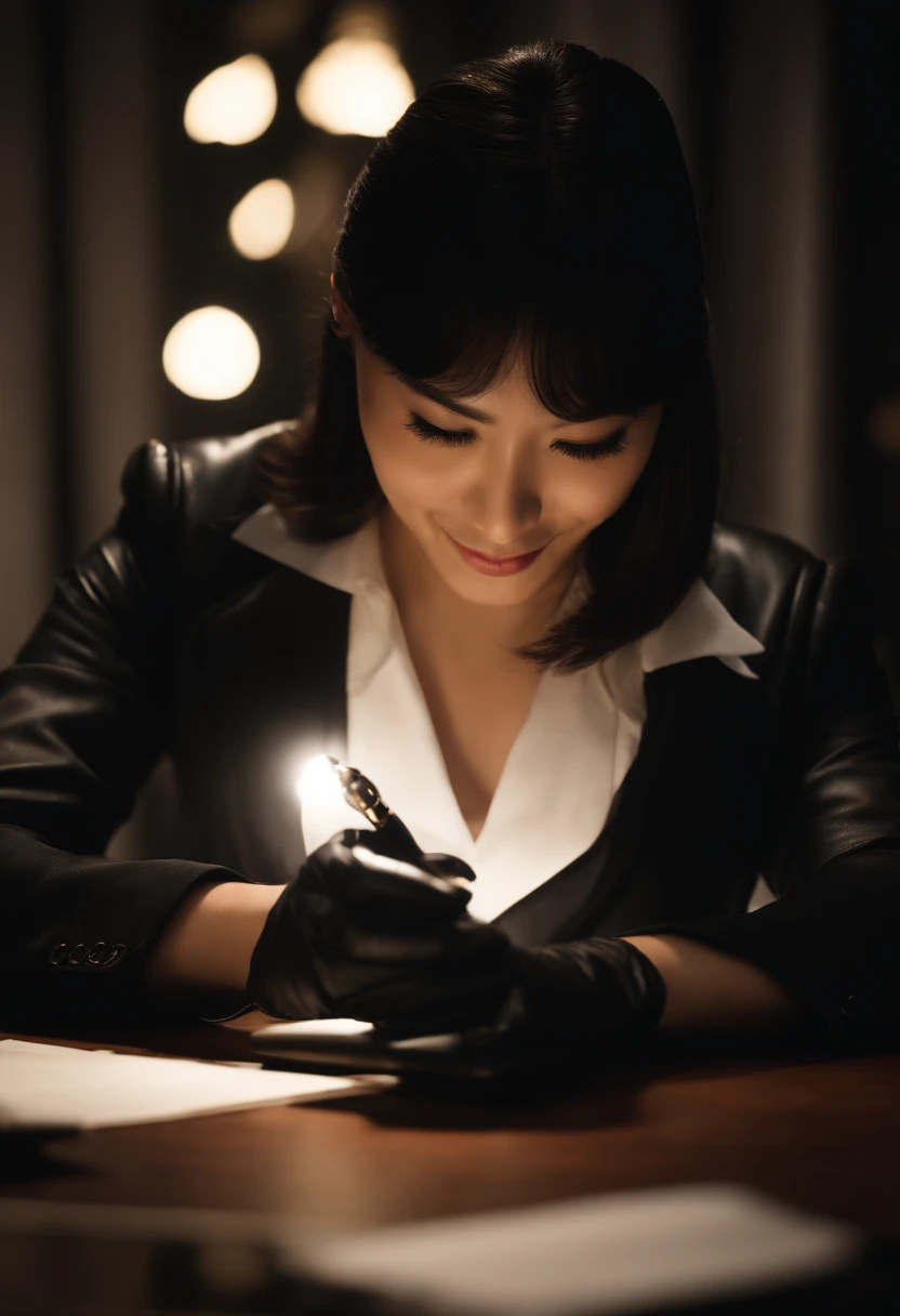 Wearing black leather gloves in both hands, upper body, black business suit, facing the desk in the modern study in the dark, looking down and smiling, writing a letter using a fountain pen, long, straight black hair, young Japanese woman (black leather gloves cover both hands)