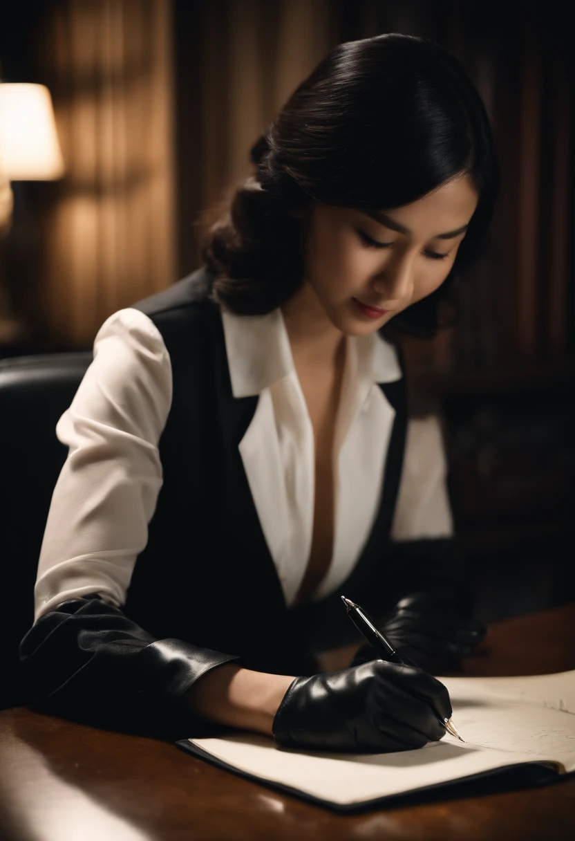 Wearing black leather gloves in both hands, upper body, black business suit, facing the desk in the modern study in the dark, looking down and smiling, writing a letter using a fountain pen, long, straight black hair, young Japanese woman (black leather gloves cover both hands)