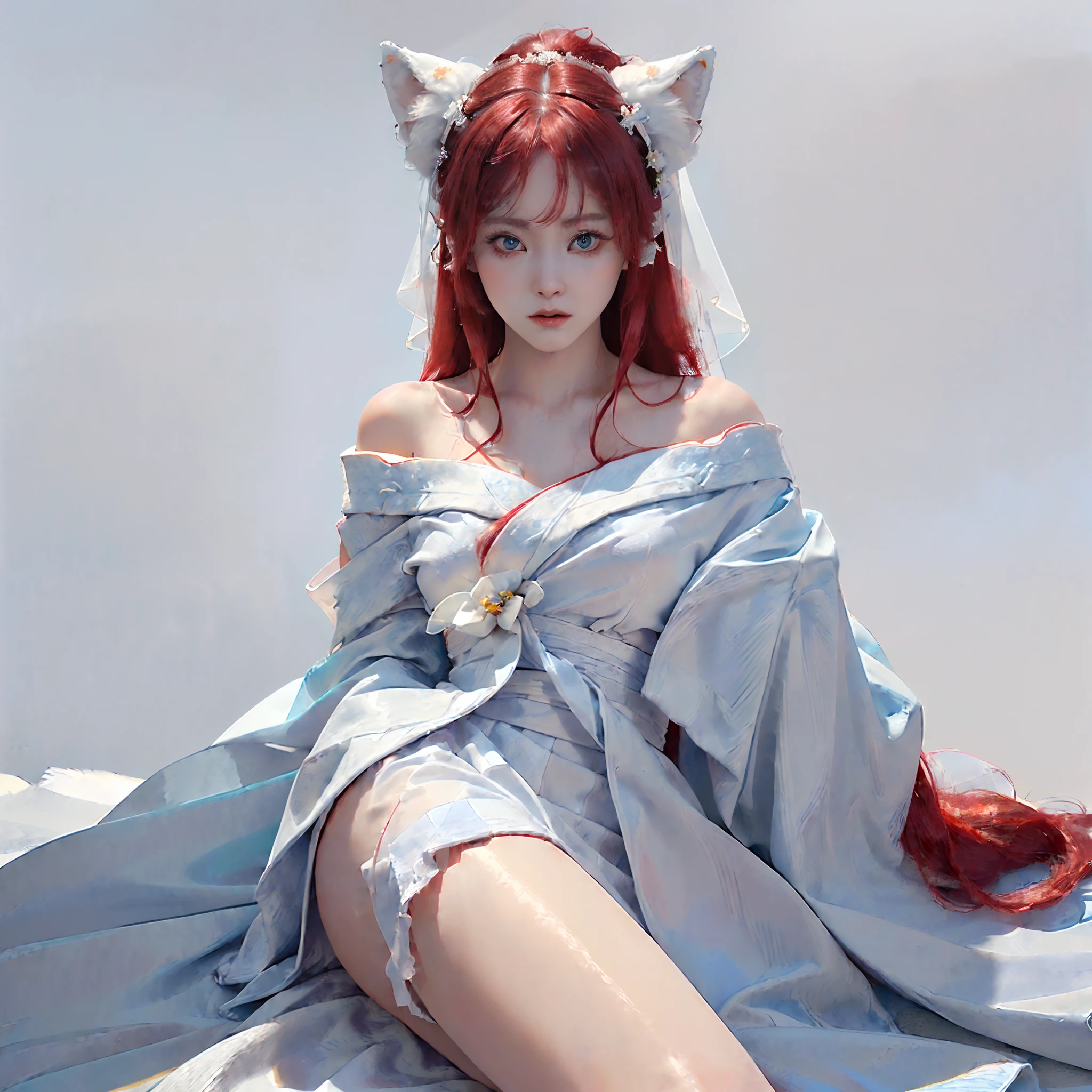 ((NSFW, wedding dress)),(fine beautiful eyes and detailed face, masterpiece sidelight, masterpiece, top quality, detailed, high resolution),(1 girl, full body, beautiful girl, shiny skin),(white_background:2.0),(red hair, layered_kimono, kimono_ pull, layered_kimono, off the shoulder, long hair, blue eyes:1.5), (white fox ears, white fox tail:1.5),
