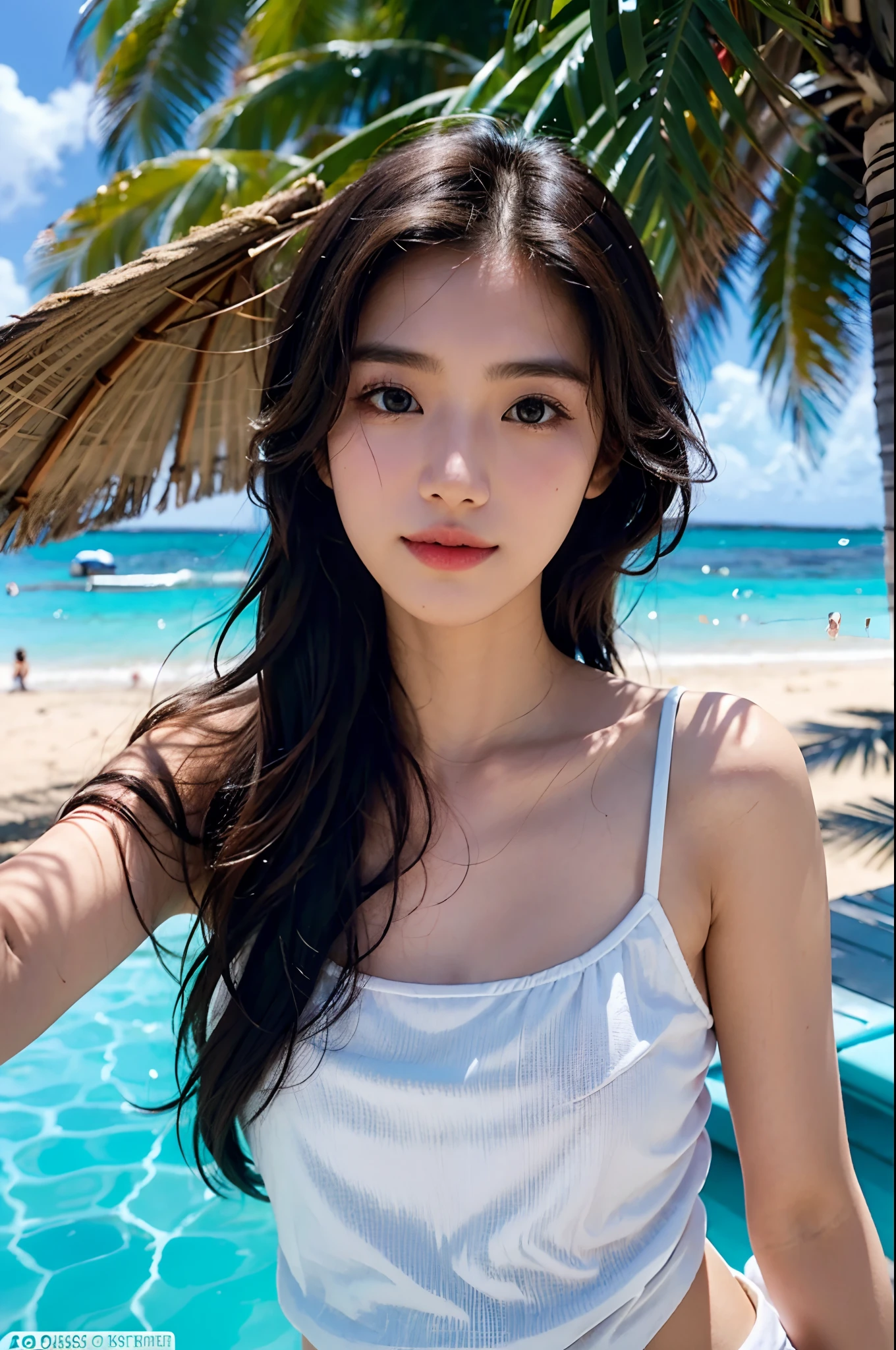 (Photo-reality:1.4)、(Hyper-realistic:1.4)、(Real Scene:1.3)、 Beautiful korean girl on the beach, Japanese and Korean beauties,mesmerizing eyes、pretty eyelashes,The face of the artwork,Perfect face shape,Charming body,clear blue skies, Golden sand, gentle waves, Sun-kissed skin, Flowing wavy hair, fashionable sunglasses, Vibrant beachwear, Peaceful and relaxing atmosphere, Refreshing sea breeze, tropical palms, Colorful beach umbrellas, soft sun light, Pale white clouds, summery vibe, Playful splashes, Beach volleyball, Picnic by the sea, Shells and starfish, Soda turquoise water, Sandy footprint, Golden sunset tones, Carefree moments of happiness, Summer getaway, Beach holiday, Unforgettable memories