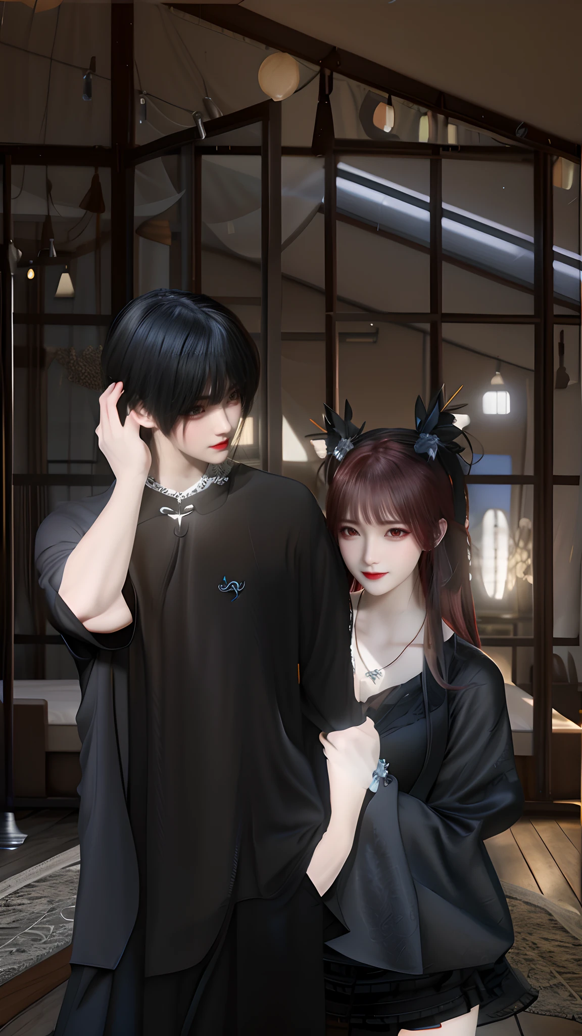 Vampire, Top Quality, Masterpiece, High Resolution, 1 Girl, Cheongsam, Red Hair, Hair Ornament, Necklace, Jewelry, Beautiful Face, upon_body, Tyndall Effect, Photorealistic, Dark Studio, Rim Lighting, 2 Tone Lighting, (High Detail Skin: 1.2), 8K UHD, DSLR, Soft Lighting, High Quality, Stereoscopic Lighting, Candid, Photo, High Resolution, 4K, 8K, Bokeh, Full Body