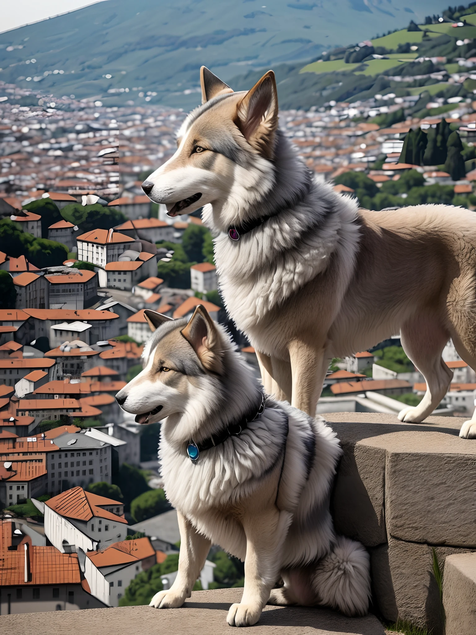A dog of the Caucasian Sheperd breed in wolf gray color, fazendo a guarda do muro de Berlim com soldados russos. --auto
