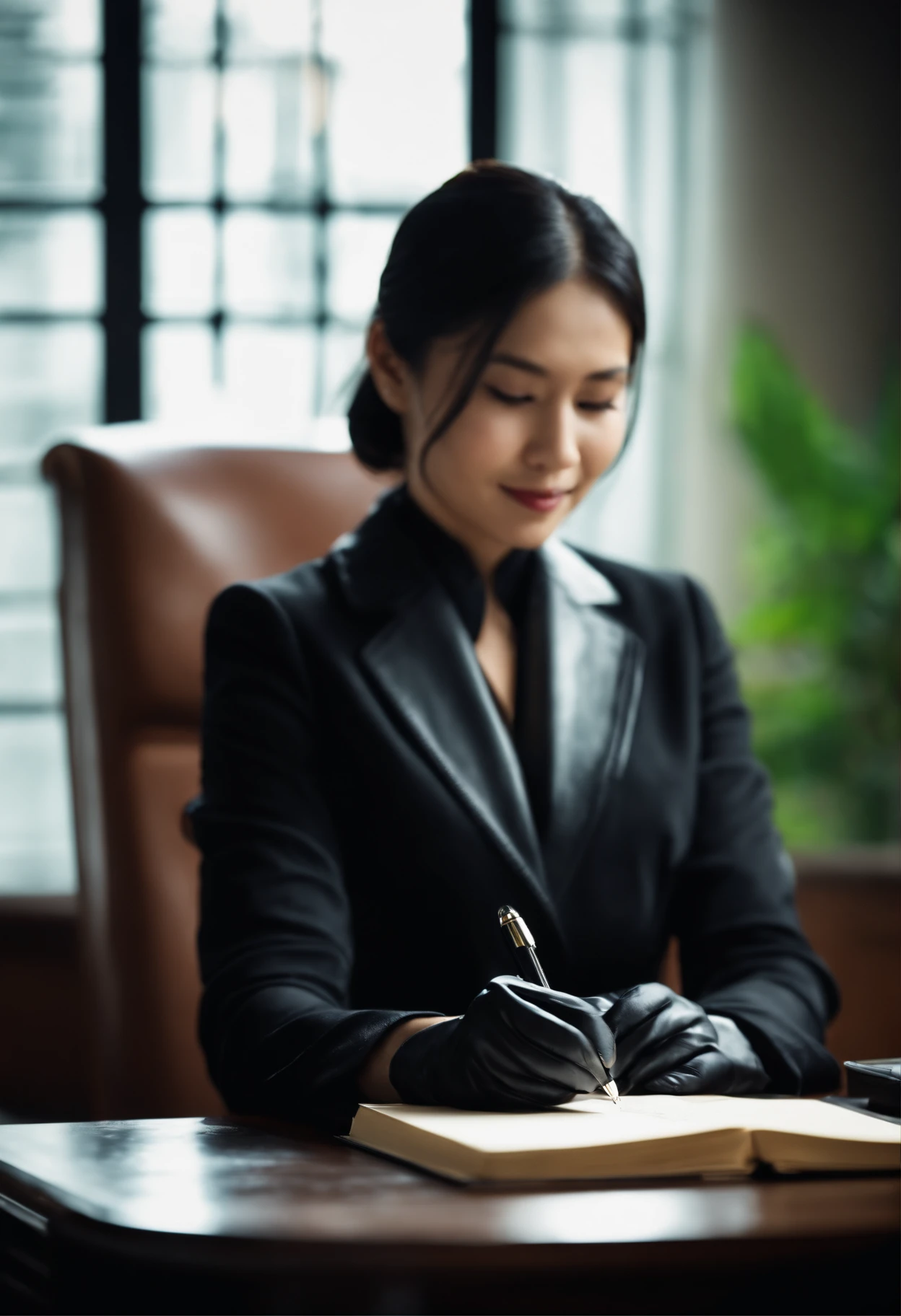 Wearing black leather gloves in both hands, upper body, black business suit, facing the desk in the modern study in the dark, looking down and smiling, writing a letter using a fountain pen, long, straight black hair, young Japanese woman (black leather gloves cover both hands)