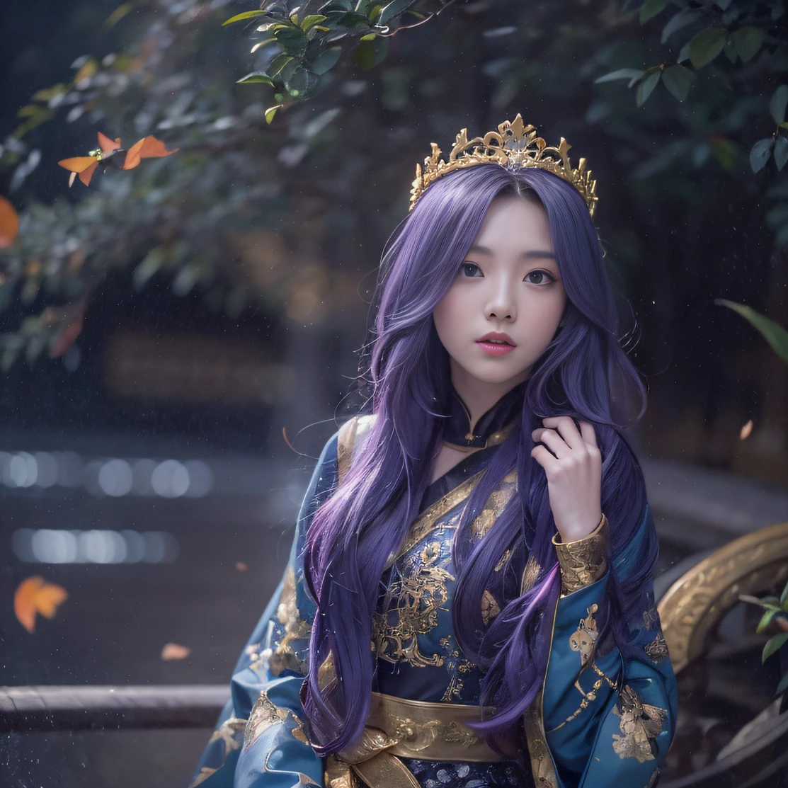 Genki Girl 32K（tmasterpiece，k hd，hyper HD，32K）Long flowing bright purple hair，Autumn Pond，zydink， a color， Asian people （Genki girl）， （Silk scarf）， Combat posture， looking at the ground， long whitr hair， Floating bright purple， Fire cloud pattern gold tiara， Chinese long-sleeved gold silk garment， （Abstract metaverse splash：1.2）， white backgrounid，Lotus vitality protector（realisticlying：1.4），Bright purple hair，Smoke on the road，The background is pure， A high resolution， the detail， RAW photogr， Sharp Re， Nikon D850 Film Stock Photo by Jefferies Lee 4 Kodak Portra 400 Camera F1.6 shots, Rich colors, ultra-realistic vivid textures, Dramatic lighting, Unreal Engine Art Station Trend, cinestir 800，A girl with long flowing bright purple hair