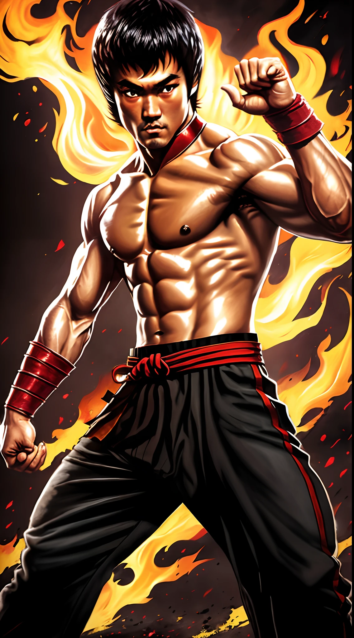 actor ((Bruce Lee)) as Liu Kang, Mortal Kombat, red headband, black pants with red stripes, fire on background, intricate, high detail, sharp focus, dramatic, photorealistic painting art by greg rutkowski