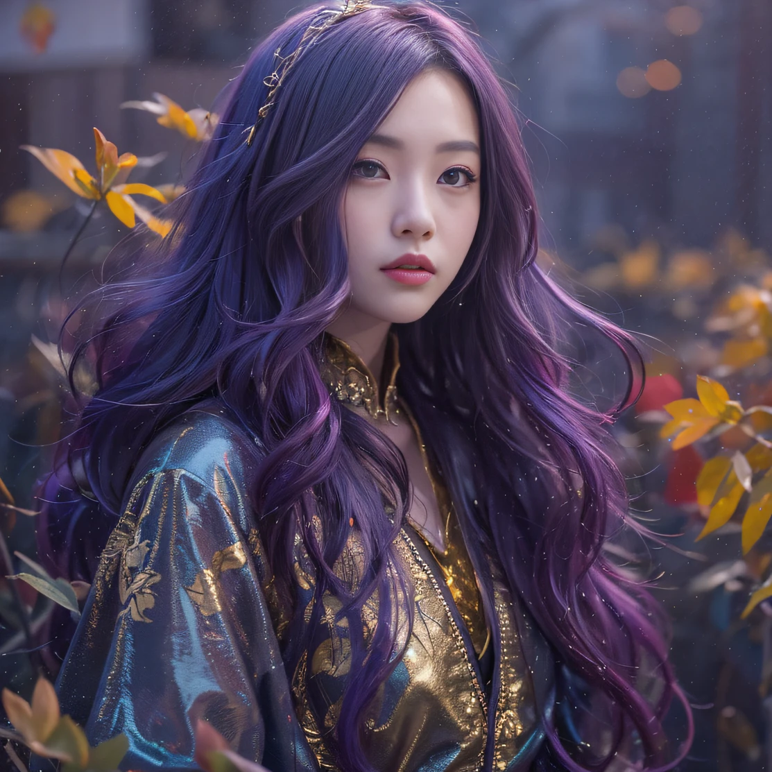 Genki Girl 32K(tmasterpiece,k hd,hyper HD,32K)Long flowing bright purple hair,Autumn Pond,zydink, a color, Asian people (Genki girl), (Silk scarf), Combat posture, looking at the ground, long whitr hair, Floating bright purple, Fire cloud pattern gold tiara, Chinese long-sleeved gold silk garment, (Abstract metaverse splash:1.2), white backgrounid,Lotus vitality protector(realisticlying:1.4),Bright purple hair,Smoke on the road,The background is pure, A high resolution, the detail, RAW photogr, Sharp Re, Nikon D850 Film Stock Photo by Jefferies Lee 4 Kodak Portra 400 Camera F1.6 shots, Rich colors, ultra-realistic vivid textures, Dramatic lighting, Unreal Engine Art Station Trend, cinestir 800,A girl with long flowing bright purple hair