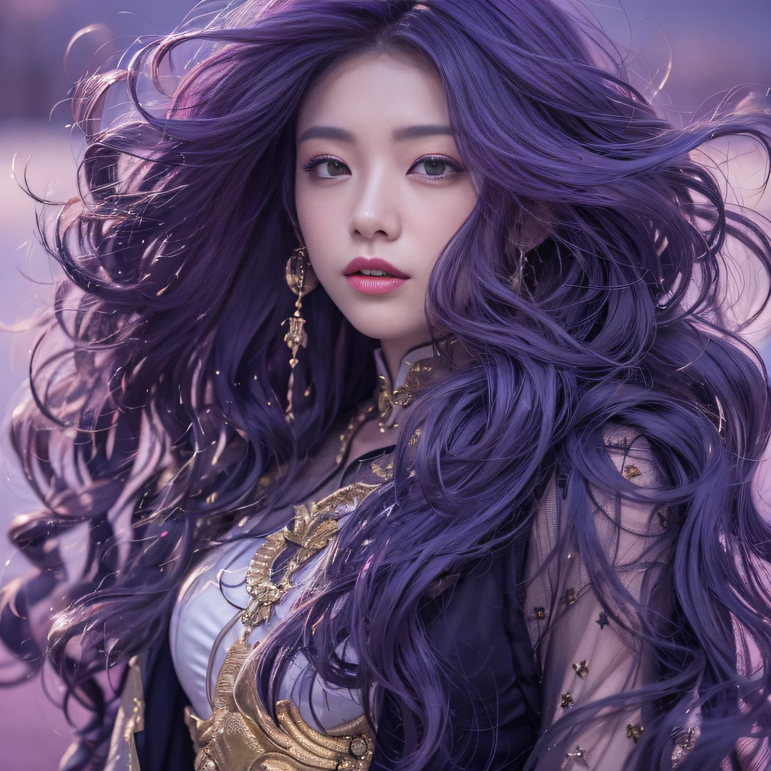 32K(tmasterpiece,k hd,hyper HD,32K)Long flowing bright purple hair,Back basement,zydink, a color, Xuzhou people (Silly girl), (Silk scarf), Combat posture, looking at the ground, long whitr hair, Floating bright purple, Fire cloud pattern gold tiara, Chinese long-sleeved gold silk garment, (abstract ink splash:1.2), smoky background,Lotus protector(realisticlying:1.4),Bright purple hair,Fog on the road,smoke in the background, A high resolution, the detail, RAW photogr, Sharp Re, Nikon D850 Film Stock Photo by Jefferies Lee 4 Kodak Portra 400 Camera F1.6 shots, Rich colors, ultra-realistic vivid textures, Dramatic lighting, Unreal Engine Art Station Trend, cinestir 800,Long flowing bright purple hair,see-through transparent clothes