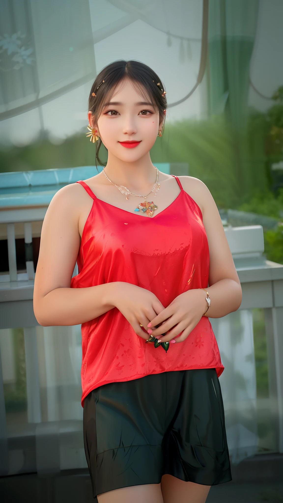 best quality, masterpiece, highres, 1girl, transparent silk china dress, beautiful face, hair ornament, looking at viewer, smile, closed mouth,lips, dress,hair ornament, necklace, jewelry, long hair, earrings, Beautiful face,upon_body, tyndall effect,photorealistic, dark studio, rim lighting, two tone lighting,(high detailed skin:1.2), 8k uhd, dslr, soft lighting, high quality, volumetric lighting, candid, Photograph, high resolution, 4k, 8k, Bokeh, same skin tone as around , same face