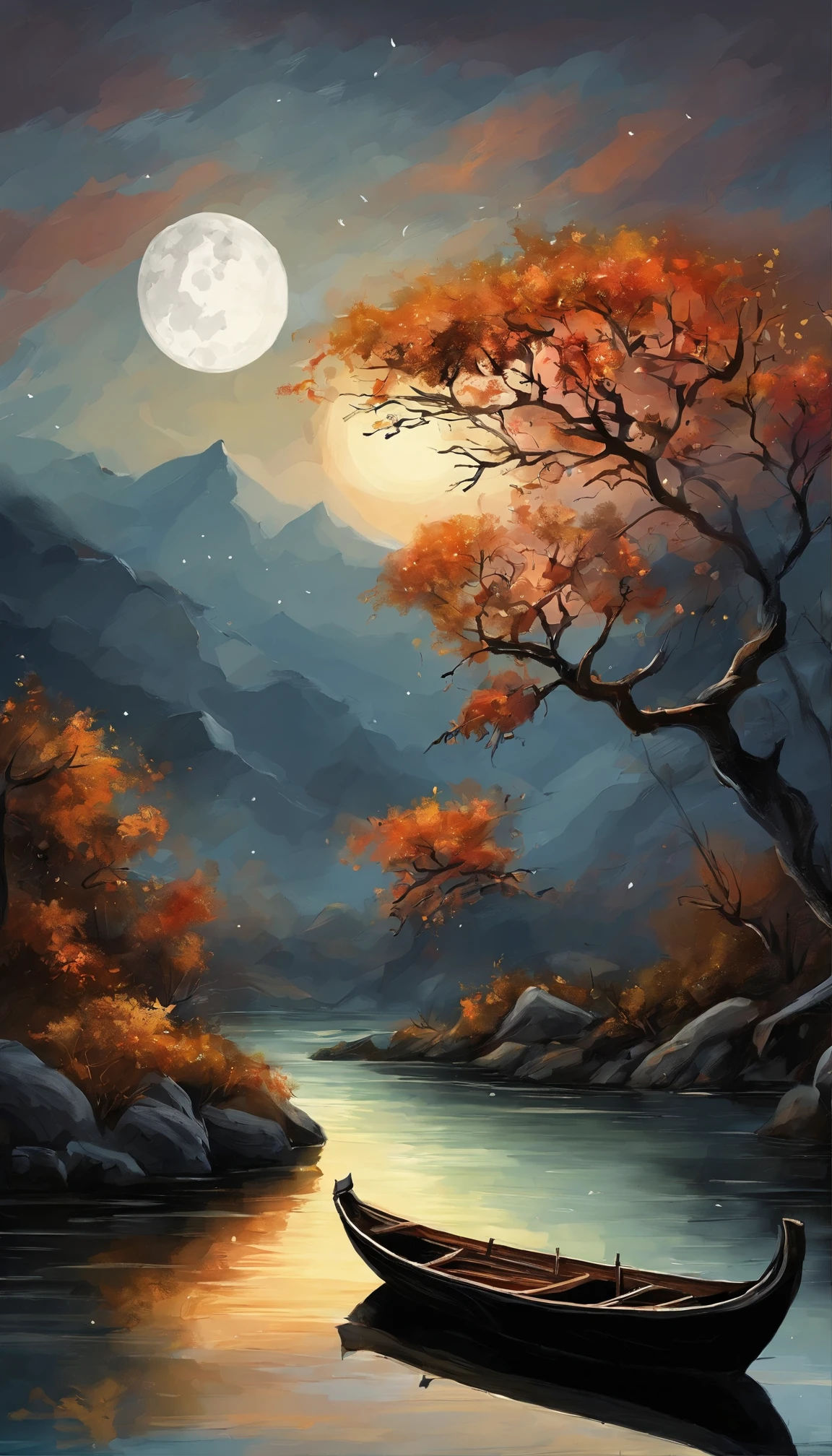 Night view of the old town，Seek and find，cheerless，The moon falls, the crescent moon falls into the lonely well，Fragmented，Bit by bit，There are flowers in dreams, green meadows in dreams，Long hair causes ripples，Shirabu Shishiiso，Kappa poles swing the boat，Crossing the ancient rare，（Small rivers），（Ancient boats），（There is a bright full moon in the distant night sky），（Shining stars），（Starcloud），（nighttime scene），(Inspired by Van Gogh:1.2)，（Van Gogh starry sky painting style:1.2），OilPaintStyle，8k wallpaper，light and shadow effect，Tyndall，rendering by octane，White balance，Unreal 5，Extremely detailed picture，depth of fields，tmasterpiece，realisticlying，RAY