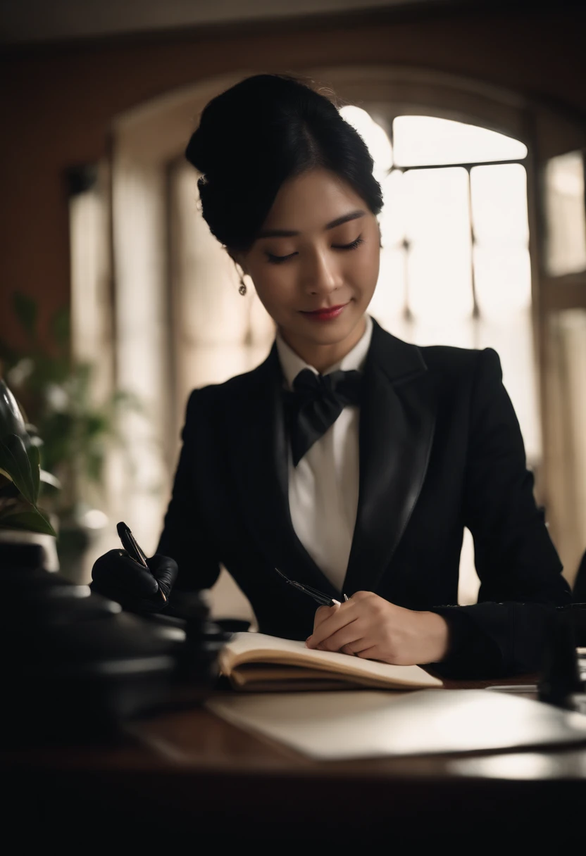 Wearing black leather gloves in both hands, upper body, black business suit, facing the desk in the modern study in the dark, looking down and smiling, writing a letter using a fountain pen, long, straight black hair, young Japanese woman (black leather gloves cover both hands)