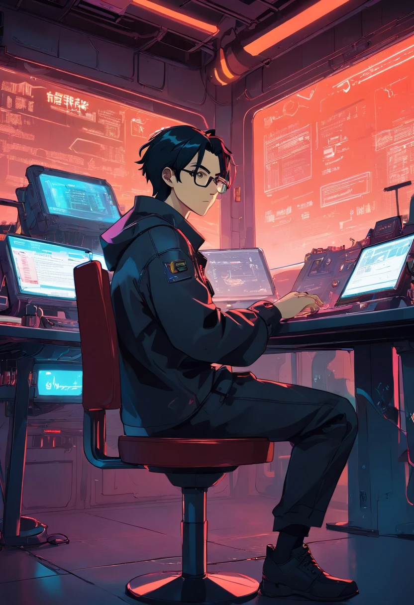 primitive, wide angles, Man with glasses sits on chair in front of futuristic computer screen in bright café., 30-years old,Red-black skin, Black hair, Wavy Hair,shoulder-length hair,Software Development Engineer.,Bear typography,small beard,Black T-shirt,Black pants,white lab coat, The coffee cup is placed on the table., Displaying star information, hardware, Bright environment, neon light, ((Cyberpunk Personality))