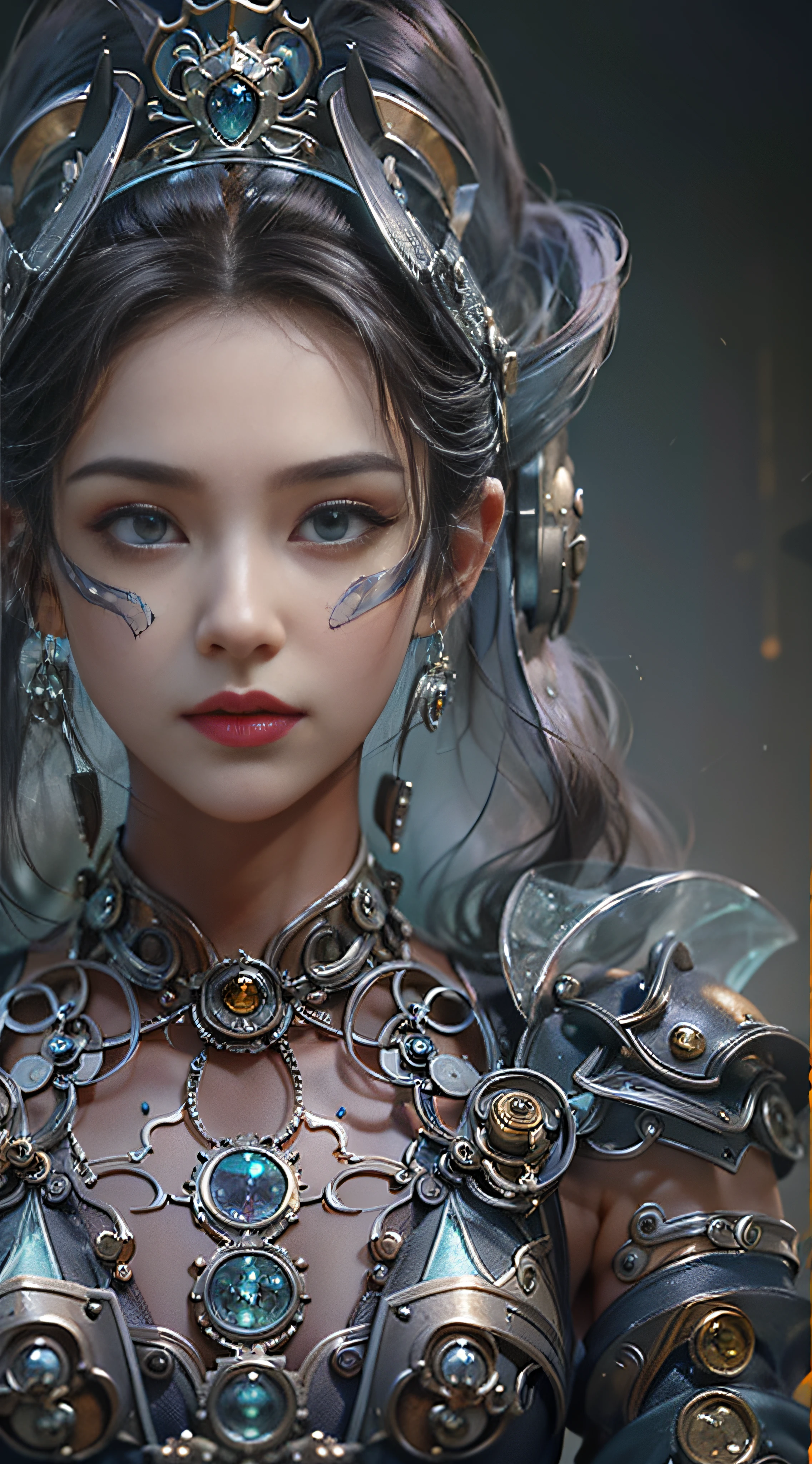 (((Masterpiece, top quality, super detailed))), (((One endless mage girl, 14 years old, radiating magic))), (((complex mechanical headgear, complex mechanical steampunk fashion and overdecorated gothic fashion and neon glitter cyberpunk fashion fusion of))), bust-up photos, ((((very detailed face))), (((very sharp focused eyes))), very large slit dark gray eyes that shine like jewels. Very long eyelashes, long dark hair in vertical curls, thick bangs, perfect princess cut, very gorgeous tiara, (((perfectly accurate human anatomy))), long neck, narrow shoulders, long slender arms, small breasts, very narrow waist, very small buttocks, long slender legs, (((overall accuracy has been dramatically improved, creating super detailed, realistic and realistic images)))), (((magic, magic spell light, magic weapon))), dynamic poses, cinematic lighting,