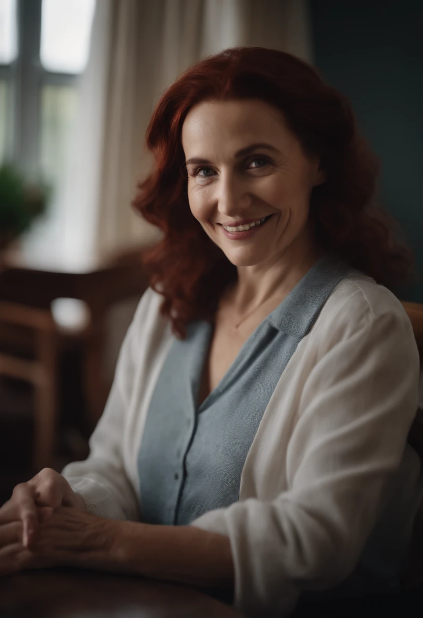 CREATE AN IMAGE OF A BEAUTIFUL YOUNG WOMAN ABOUT 35, WITH DARK RED HAIR, DRESSED IN INFERIOR WHITE, happily interacting with the WHITE-HAIRED elderly residents in a cozy retirement home. 8K, CINEMATOGRAFIC , REALISTIC