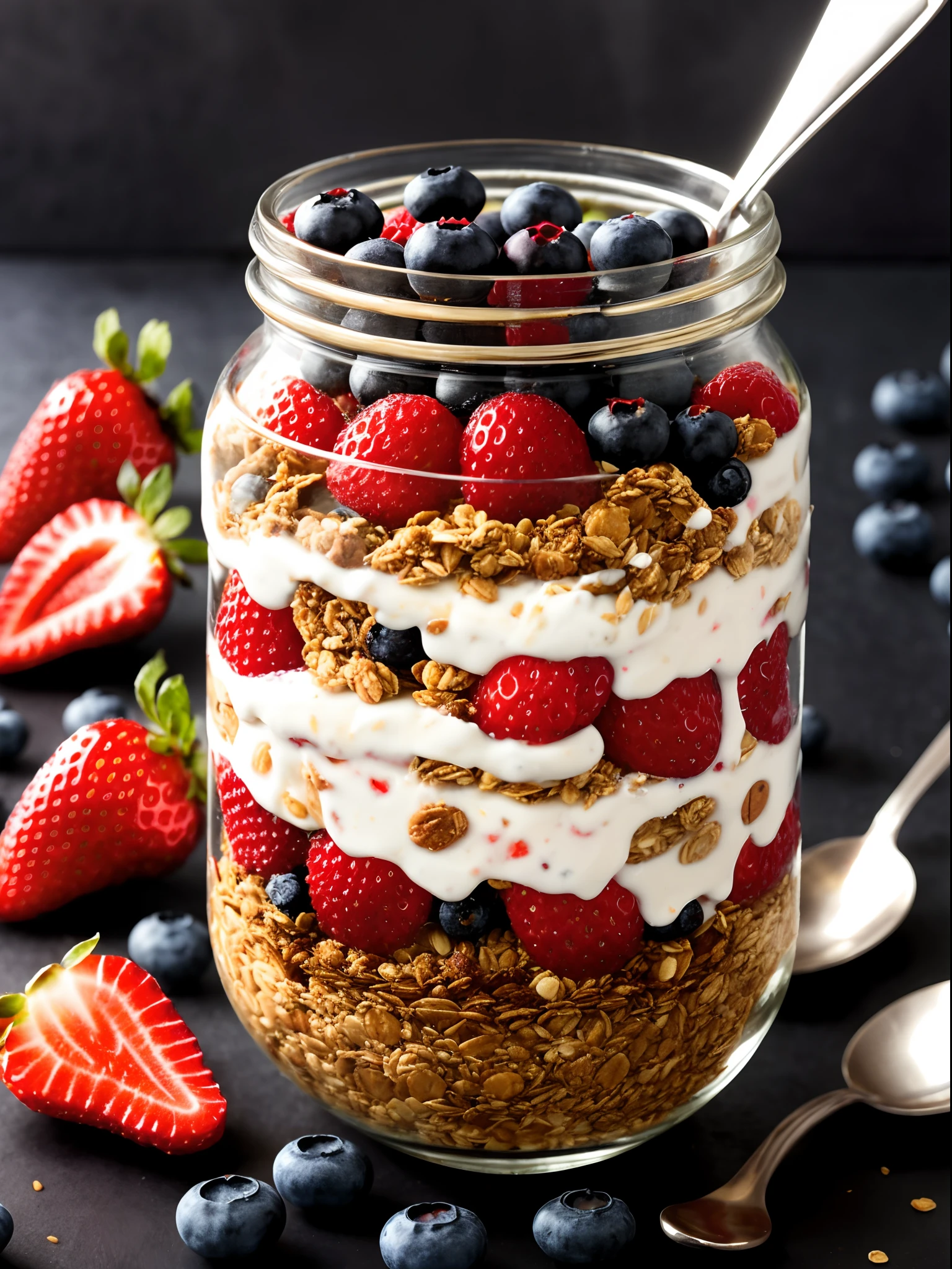 Fresh yogurt granola parfait with sliced nuts, fresh strawberry, raspberry, blueberry and mango fruits in a glass jar on dark background