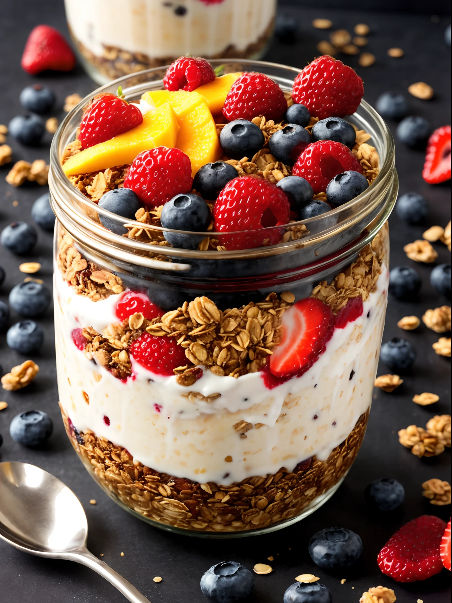 Fresh yogurt granola parfait with sliced nuts, fresh strawberry, raspberry, blueberry and mango fruits in a glass jar on dark background