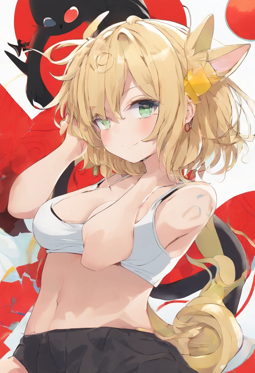 masterpiece, 1girl, red eyes, blonde hair, short bob cut, black cat ears, black cat tail, young, ager, cute, 16 yund chin, perfect hands, nice hands, medium breasts, white skin, flawless, slim body, (yellow_tank_tops:1.2), (white_dolphin_shorts:1.2), beautiful features, smiling cutely, full body, cleavage
