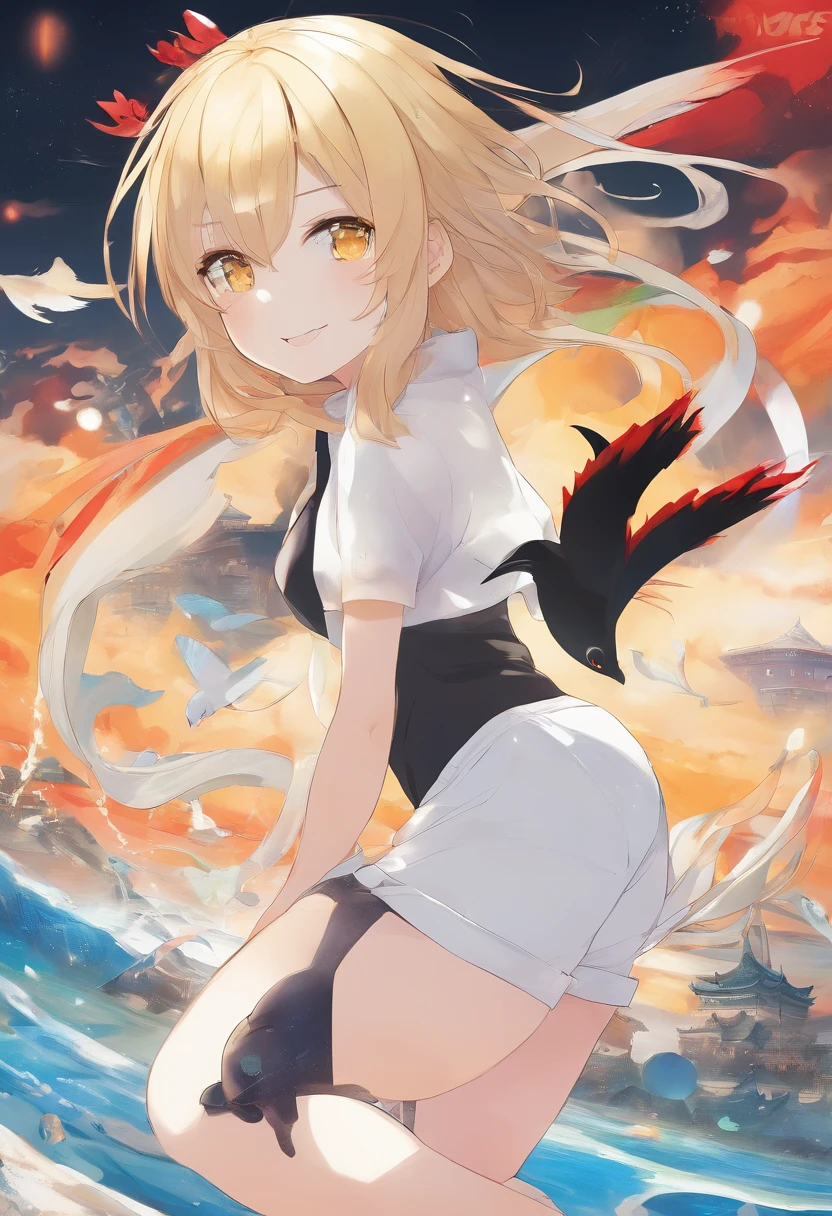 masterpiece, 1girl, red eyes, blonde hair, short bob cut, black cat ears, black cat tail, young, teenager, cute, , round chin, perfect hands, nice hands, medium breasts, white skin, flawless, slim body, (yellow_tank_tops:1.2), (white_dolphin_shorts:1.2), beautiful features, smiling cutely, full body, cleavage