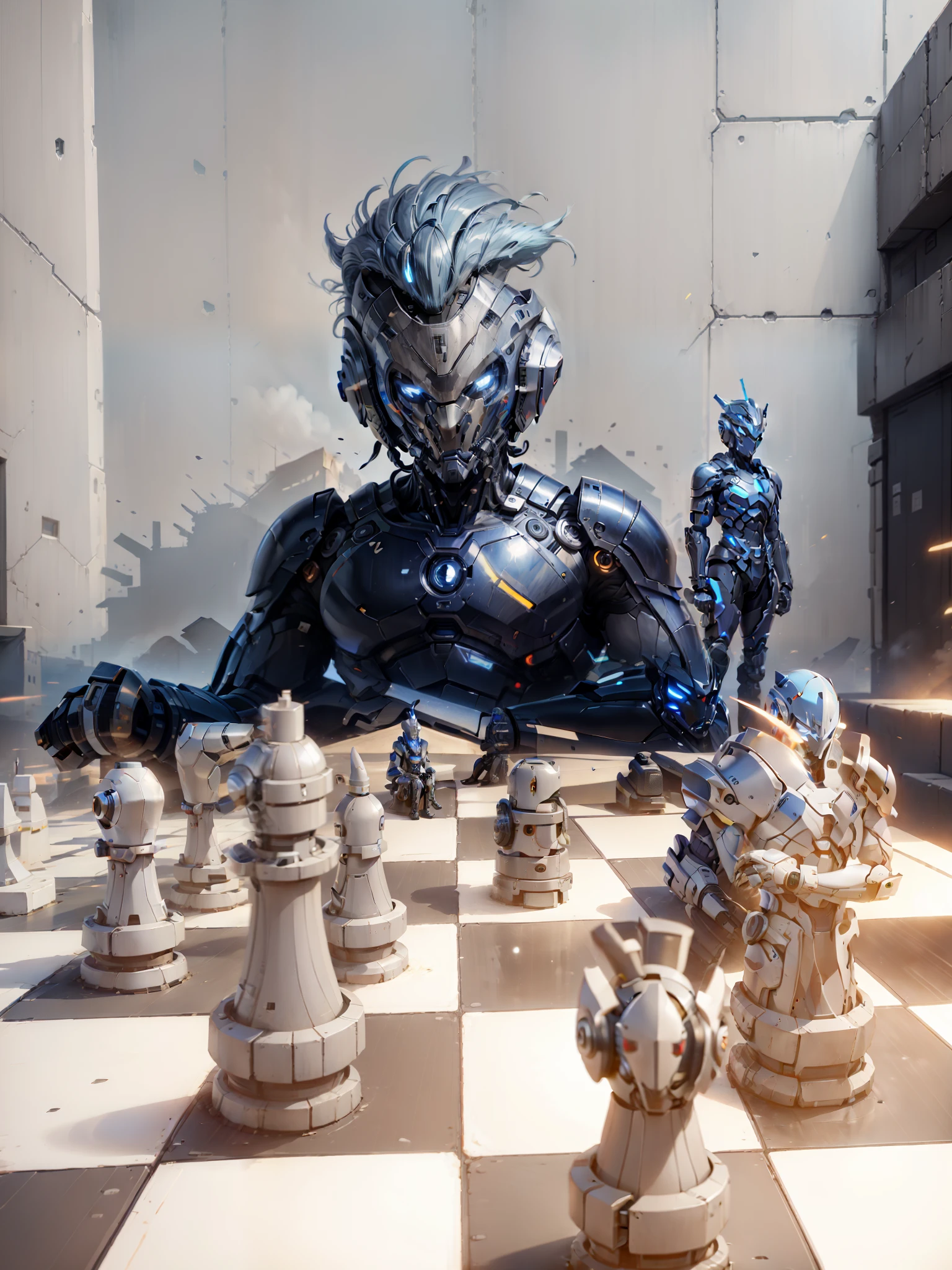 Futuristic, anime, robot, chess bot, background in a future dystopian, 8k, high quality, male portrait, dark skin, blue hair, wearing chess armor, replace wall behind with future panorama