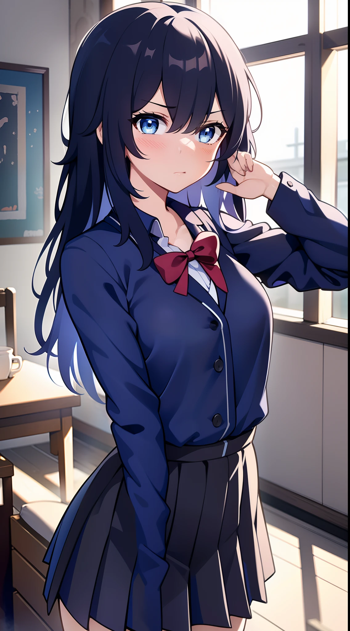 （（top-quality，16k，tmasterpiece：1.3））, beautiful women in perfect shape: 1.3, japanese school girl uniform, indigo hair, light blue eyes, medium breasts, blush, shy cute face