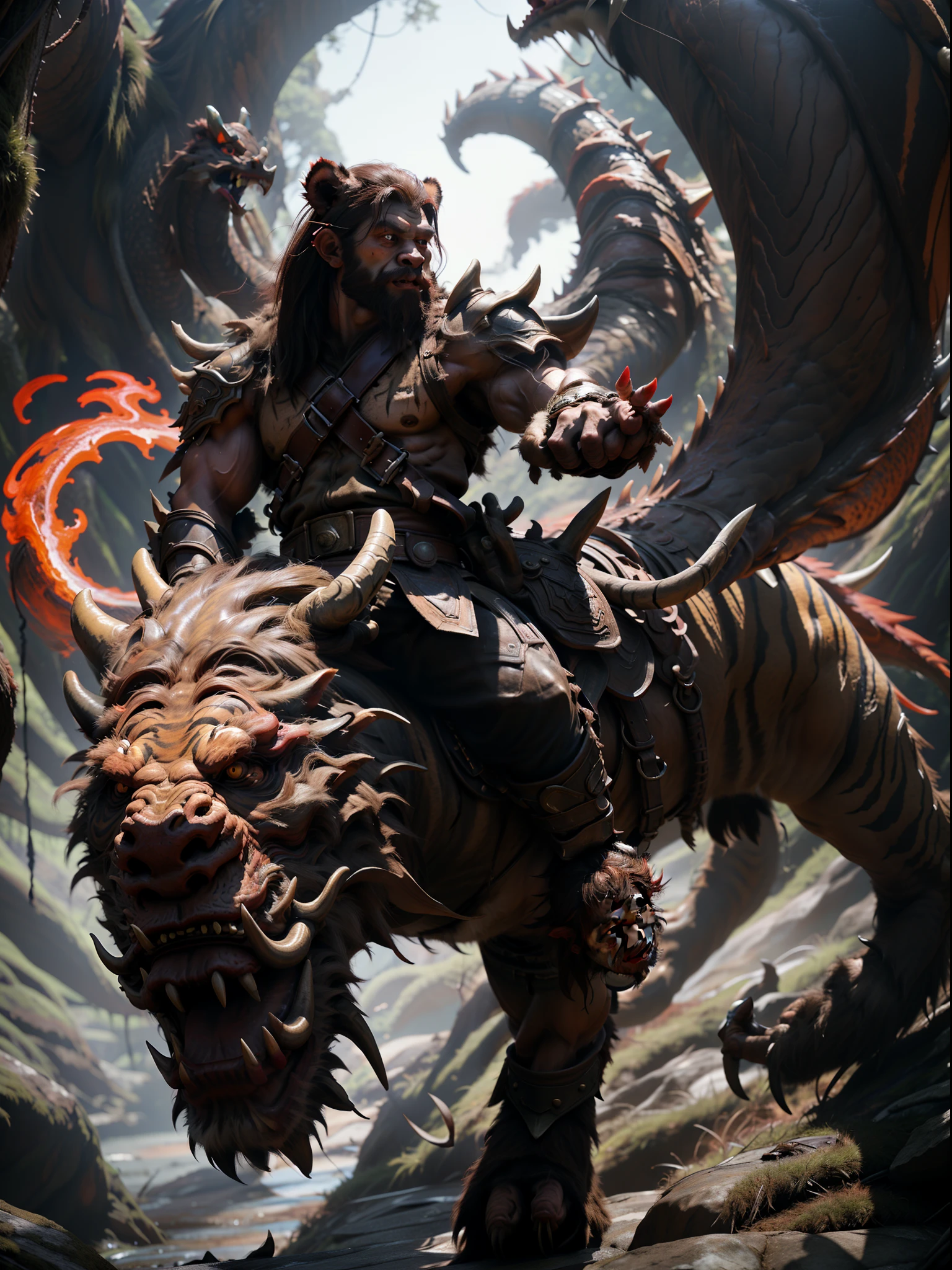 full body,a Tiger headed monster，male, solo, looking at viewer, red eyes, Hold a giant flame hammer in each hand, leather armour, 8k, depth of field, intricate details,Strong muscles throughout the body，（Riding on the back of a fierce giant dragon：1.2），Flying in the sky