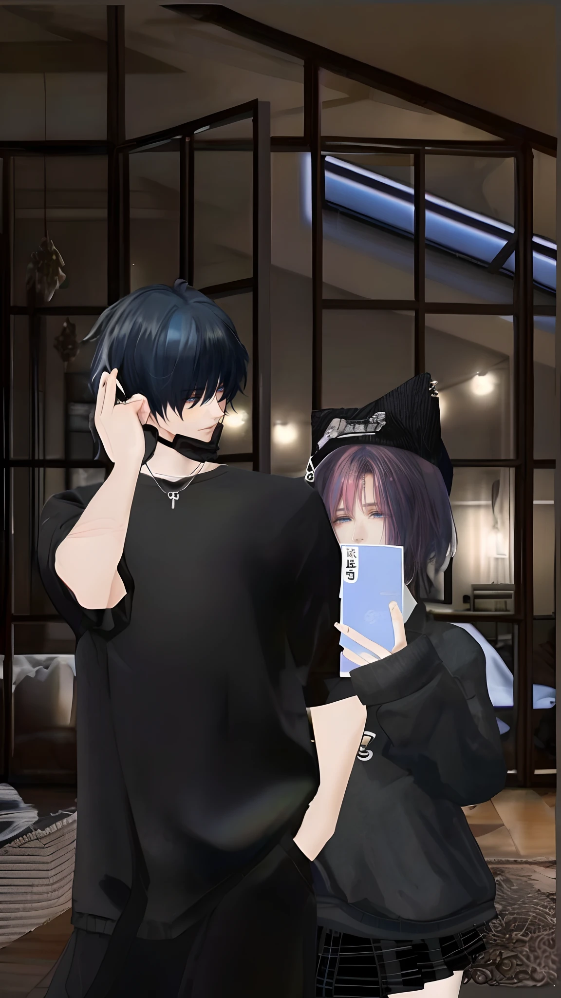 ((Male and female couples)), window, Idol Photos, Magazine covers, Photos of actors, Professional Photos, Height difference, tall male, Happiness, youthfulness, extra detailed face, detailed punk hair, very detailed character, inspired by Sim Sa-jeong, Cai Xukun's, detailed realistic faces, highly detailed realistic face, high detailed face anime, realistic detailed face, Accurate detailed face, attractive androgynous humanoid, Cool Korean fashion in black, ((With a man with light blue hair)), ((Woman with pink hair)), ((Woman with long hair below waist)), ((Man with short hair over ears)), ((Pink hair woman with gentle expression)), ((Man with light blue hair with wild expression)), high-level image quality, masterpiece, Photographed so that the whole body can be seen, Photographed to make clothes look beautiful, Take your eyes off, ((two individuals)), ((British couple))