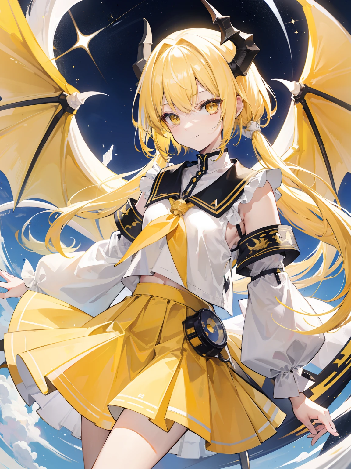 Yellow hairs, Black eyes, Twin-tailed, amarelo、white  uniform、a cool、yellow cloth、dragon horn,Pleated skirt、Armband on left arm,Solo,long、nigh sky、shooting stars、A slight smil、Dragon wings、Fun、Flying in the sky、Frolic