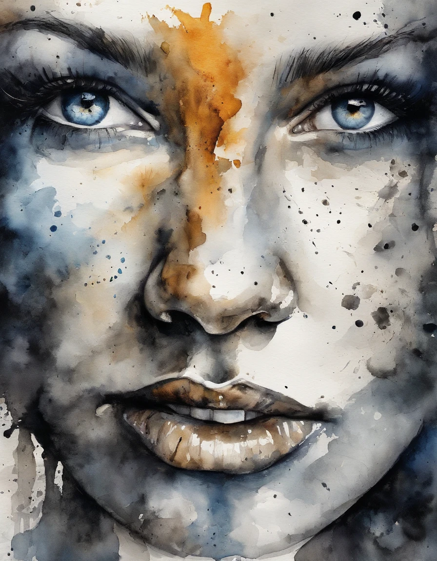 Modern abstract water color painting of beautiful woman face with a dispersing head and broken cracks on her face, black long hair waving in the wind, best composition, best color separation with rough brush strokes painting style,expression of lonelyness, treagety, silence and depressed,Ogive explosive, Machine parts embedded in the face, Volatil, inspired by Igor Morski, Dramatic artwork, photomanipulation, Manipulation de photos, Disintegration, headbang until your brain bleeds, explosion of data fragments, tinnitus, official artwork, incredibly high detailed, Photoshop Art, effet de bruit