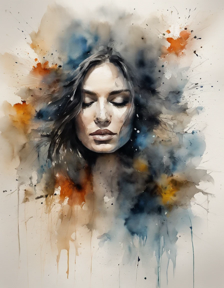 Modern abstract water color painting of beautiful woman face with a dispersing head and broken cracks on her face, black long hair waving in the wind, best composition, best color separation with rough brush strokes painting style,expression of lonelyness, treagety, silence and depressed,Ogive explosive, Machine parts embedded in the face, Volatil, inspired by Igor Morski, Dramatic artwork, photomanipulation, Manipulation de photos, Disintegration, headbang until your brain bleeds, explosion of data fragments, tinnitus, official artwork, incredibly high detailed, Photoshop Art, effet de bruit