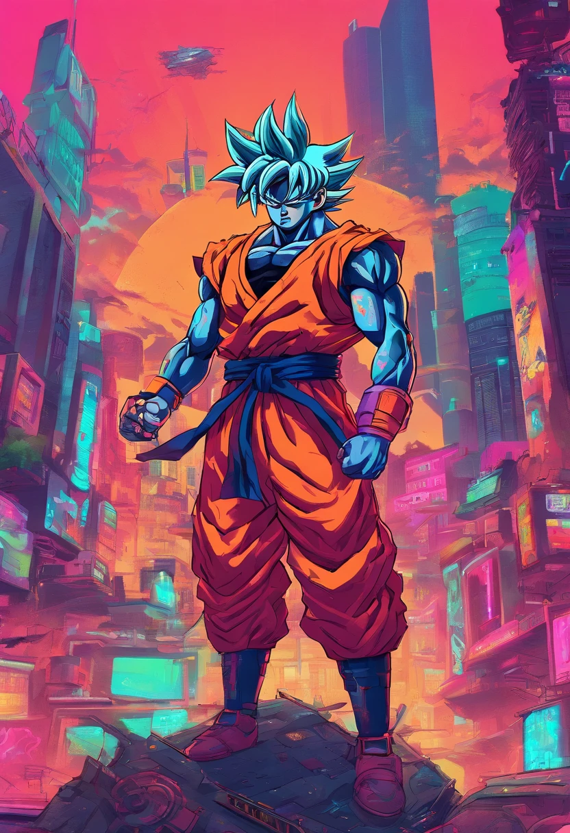 (goku:1.2),cyberpunk,neon lights,cityscape,futuristic technology,street fighting,cyber implants,bionic arm,shimmering energy aura,saiyan warrior,sword fight,hovering motorcycles,robotic enemies,explosions,high-rise buildings,nighttime hustle,plasma weapons,glowing tattoos,martials arts mastery,night market,virtual reality headset,energy blasts,megacity skyline,defiant pose,full moon,gas mask,enhanced strength and speed,wild hair,grim expression,dystopian future