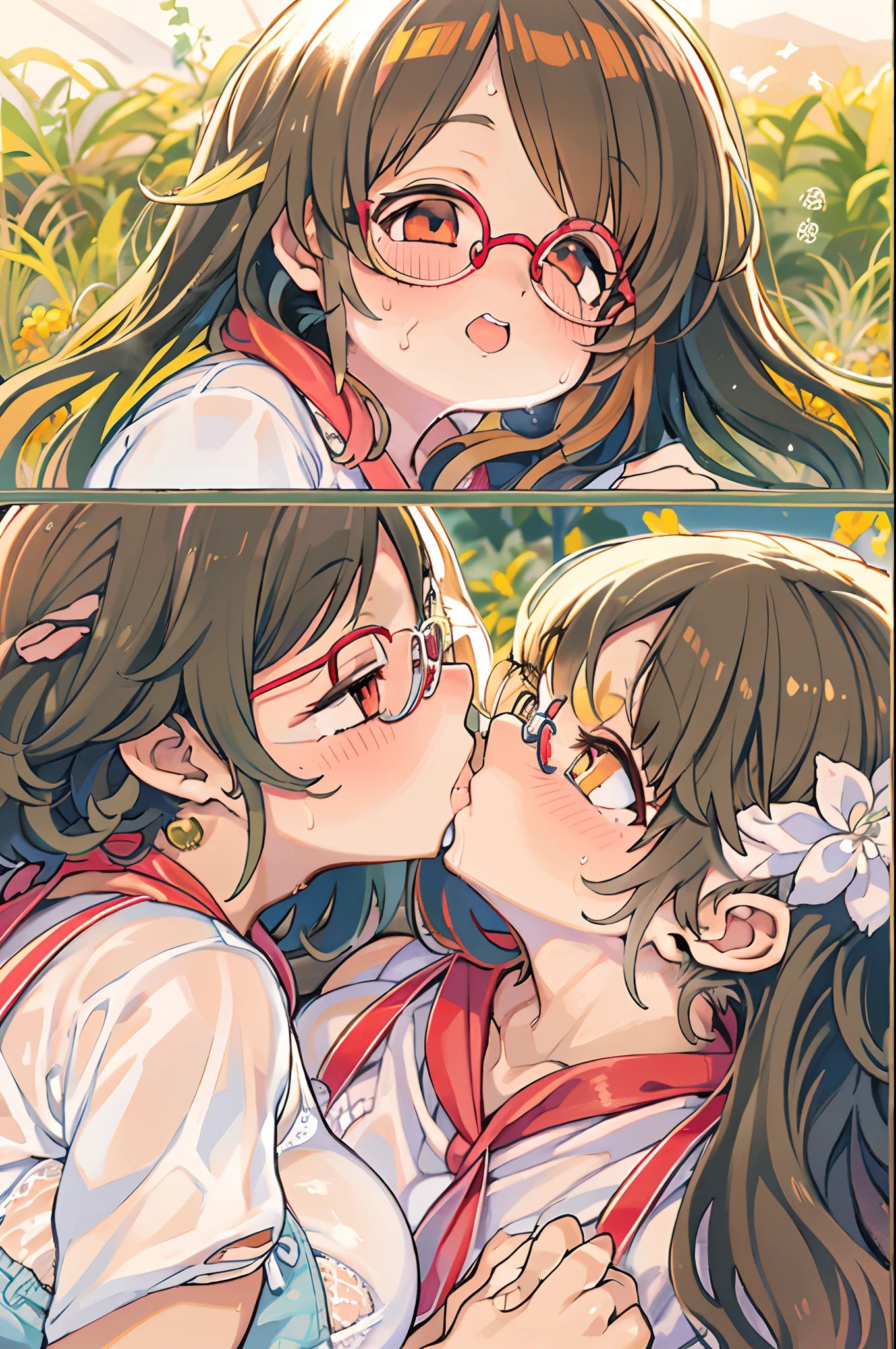 Two-dimensional girl、Summer light、Steppe on a summer day、From the top、huge-breasted、big round glasses、bbw,Large Thigh、Two girls、embracing each other、Deep kissing、the kiss、lesbian、red blush