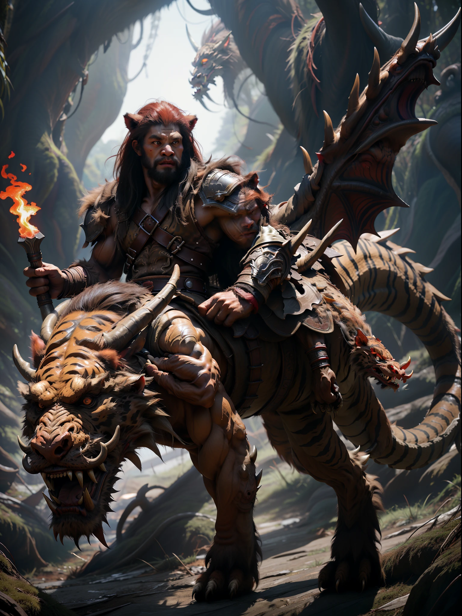 full body,a Tiger headed monster，male, solo, looking at viewer, red eyes, Hold a giant flame hammer in each hand, leather armour, 8k, depth of field, intricate details,Strong muscles throughout the body，（Riding on the back of a fierce giant dragon：1.2），Flying in the sky