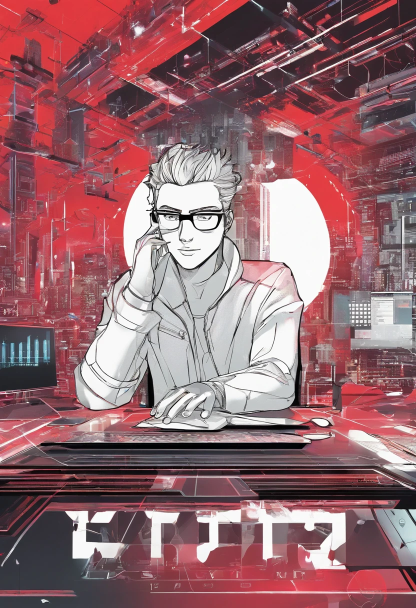 primitive, wide angles, Man with glasses sits on chair in front of futuristic computer screen in bright café., 30-years old,Red-black skin, Black hair, Wavy Hair,shoulder-length hair,Software Development Engineer.,Bear typography,small beard,Black T-shirt,Black pants,white lab coat, The coffee cup is placed on the table., Displaying star information, hardware, Bright environment, neon light, ((Cyberpunk Personality))
