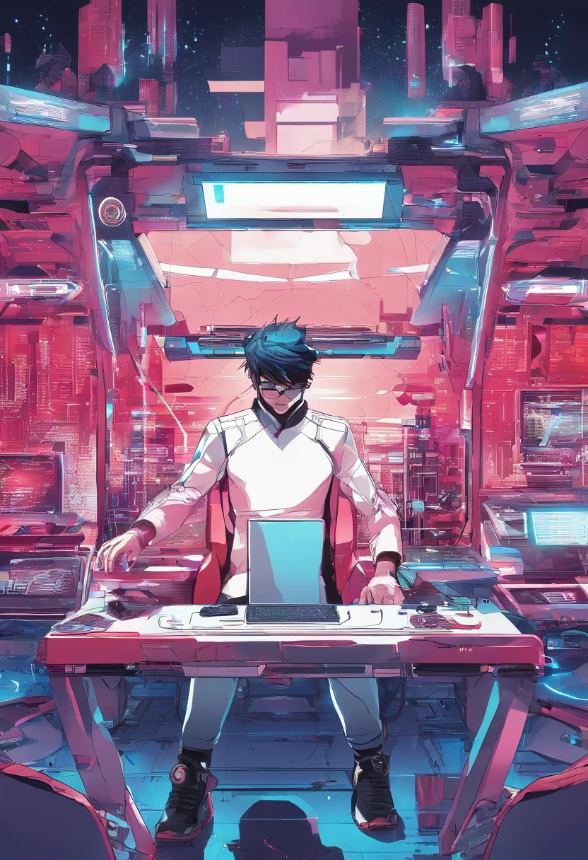 primitive, wide angles, Man with glasses sits on chair in front of futuristic computer screen in bright café., 30-years old,Red-black skin, Black hair, Wavy Hair,shoulder-length hair,Software Development Engineer.,Bear typography,small beard,Black T-shirt,Black pants,white lab coat, The coffee cup is placed on the table., Displaying star information, hardware, Bright environment, neon light, ((Cyberpunk Personality))