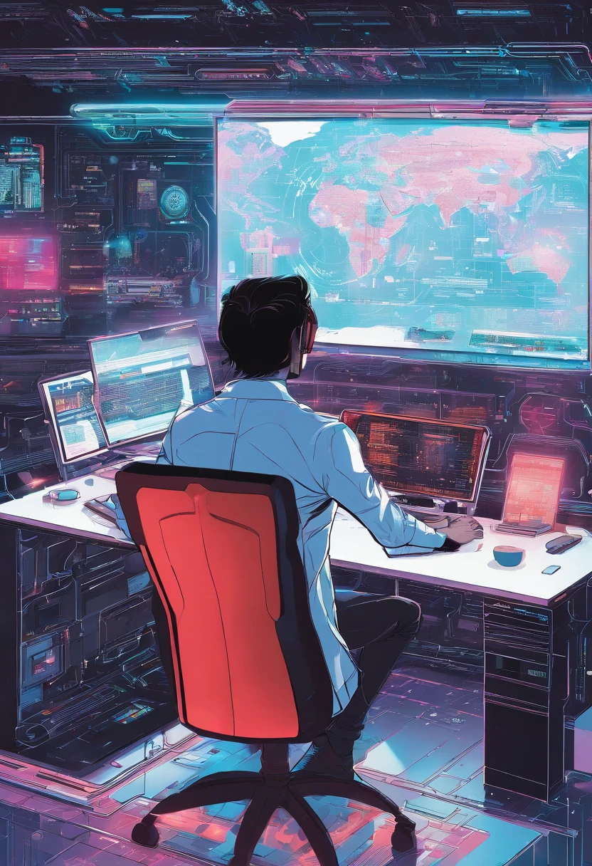 primitive, wide angles, Man with glasses sits on chair in front of futuristic computer screen in bright café., 30-years old,Red-black skin, Black hair, Wavy Hair,shoulder-length hair,Software Development Engineer.,Bear typography,small beard,Black T-shirt,Black pants,white lab coat, The coffee cup is placed on the table., Displaying star information, hardware, Bright environment, neon light, ((Cyberpunk Personality))