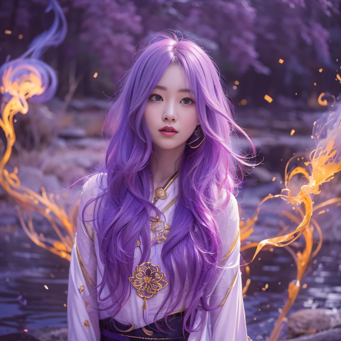 Genki Girl 32K(tmasterpiece,k hd,hyper HD,32K)Long flowing bright purple hair,Autumn Pond,zydink, a color, Asian people (Genki girl), (Silk scarf), Combat posture, looking at the ground, long whitr hair, Floating bright purple, Fire cloud pattern gold tiara, Chinese long-sleeved gold silk garment, (Abstract metaverse splash:1.2), white backgrounid,Lotus vitality protector(realisticlying:1.4),Bright purple hair,Smoke on the road,The background is pure, A high resolution, the detail, RAW photogr, Sharp Re, Nikon D850 Film Stock Photo by Jefferies Lee 4 Kodak Portra 400 Camera F1.6 shots, Rich colors, ultra-realistic vivid textures, Dramatic lighting, Unreal Engine Art Station Trend, cinestir 800,A girl with long flowing bright purple hair