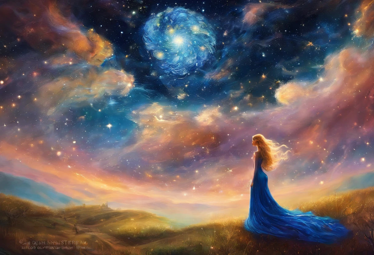 landscape, A queen in a dress made of starry night veil is crossing on the Earth down below with her extraordinary long hem dragging. As she walks, starry night falls on her path. A starry night fantasy. perfect beautiful face, perfect hands, fantasy art, landscape,