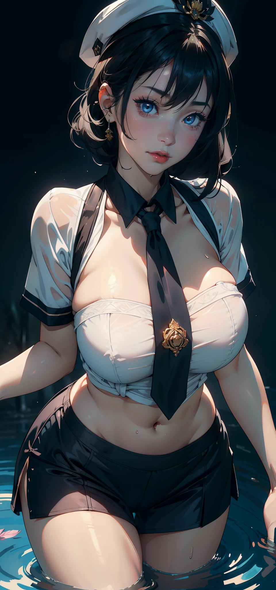 1female，35yo，A MILF，plumw，extremely large bosom， 独奏，（Background with：Mare，ln the forest，lotus flower，pools of water） She has short black hair，bobo head，Station，，seen from the front， hair straight， mostly cloudy sky，（（（tmasterpiece），（Very detailed CG unity 8K wallpaper），best qualtiy，cinmatic lighting，detailed back ground，beatiful detailed eyes，Bright pupils，Blue eyes，（Very fine and beautiful），（Beautiful and detailed eye description），ultra - detailed，tmasterpiece，））Redlip，facing at camera，A high resolution，ultra - detailed），revealing breasts，Bare genitalia，  Bulge，legs are open，Raised sexy，Camel toes，Flushed complexion，Desire for dissatisfaction，frontage，SakuraNS ，Chinese Navy，Sailor's cap（Wearing：Transparent sexy sailor uniform，）