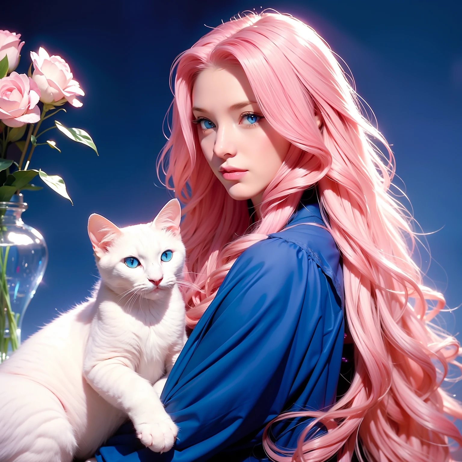 1 woman, long curly hair, pink hair, blue eyes, medieval background, (a cat at her side, White Cat, just a cat, pretty cat, small cat)
