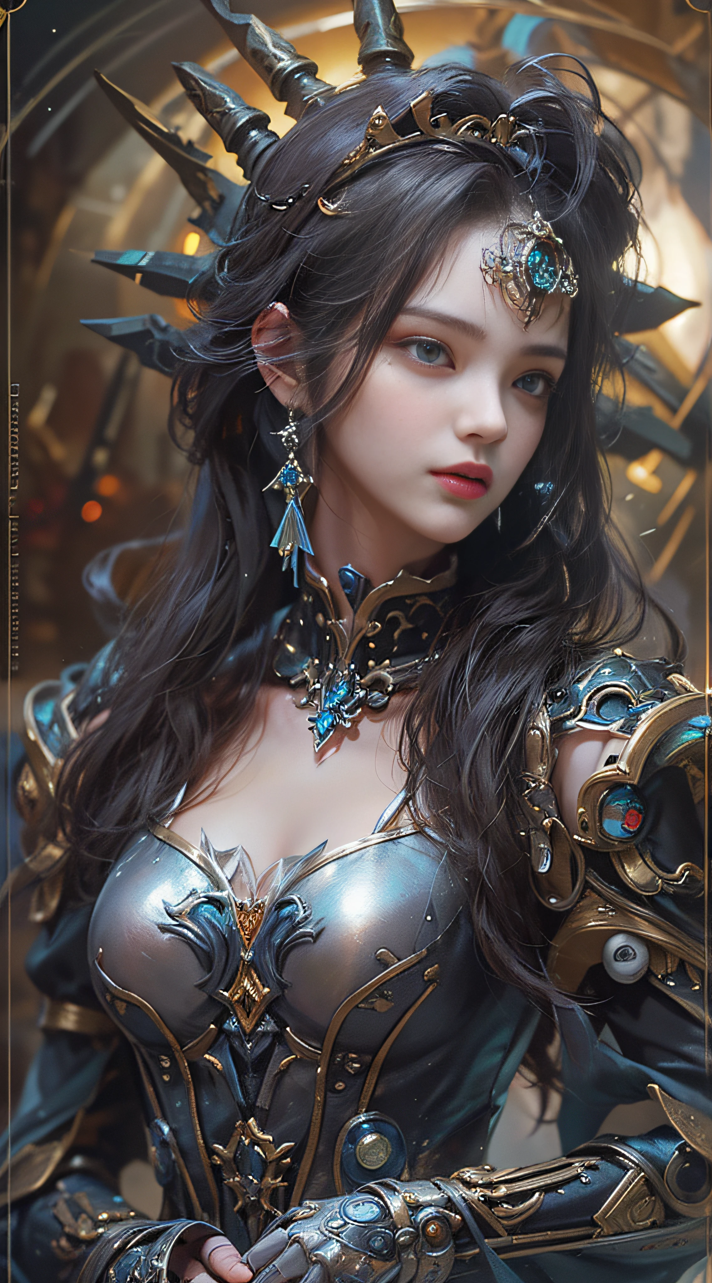 best quality, masterpiece, Ultra-high resolution, (Realistic:1.5), original photo, 1 girl,versace Off-shoulder Kimono Mecha Paladin Future Armor, in the darkness, Deep shadows, Low profile, Cold Light, sexy look, long hair,Mix Girl,Yinglaite, Half-length photo,NSFW, warm lights, dramatic light, (intricate details:1.1), complex background, (rutkowski:0.66), (teal and orange:0.4)