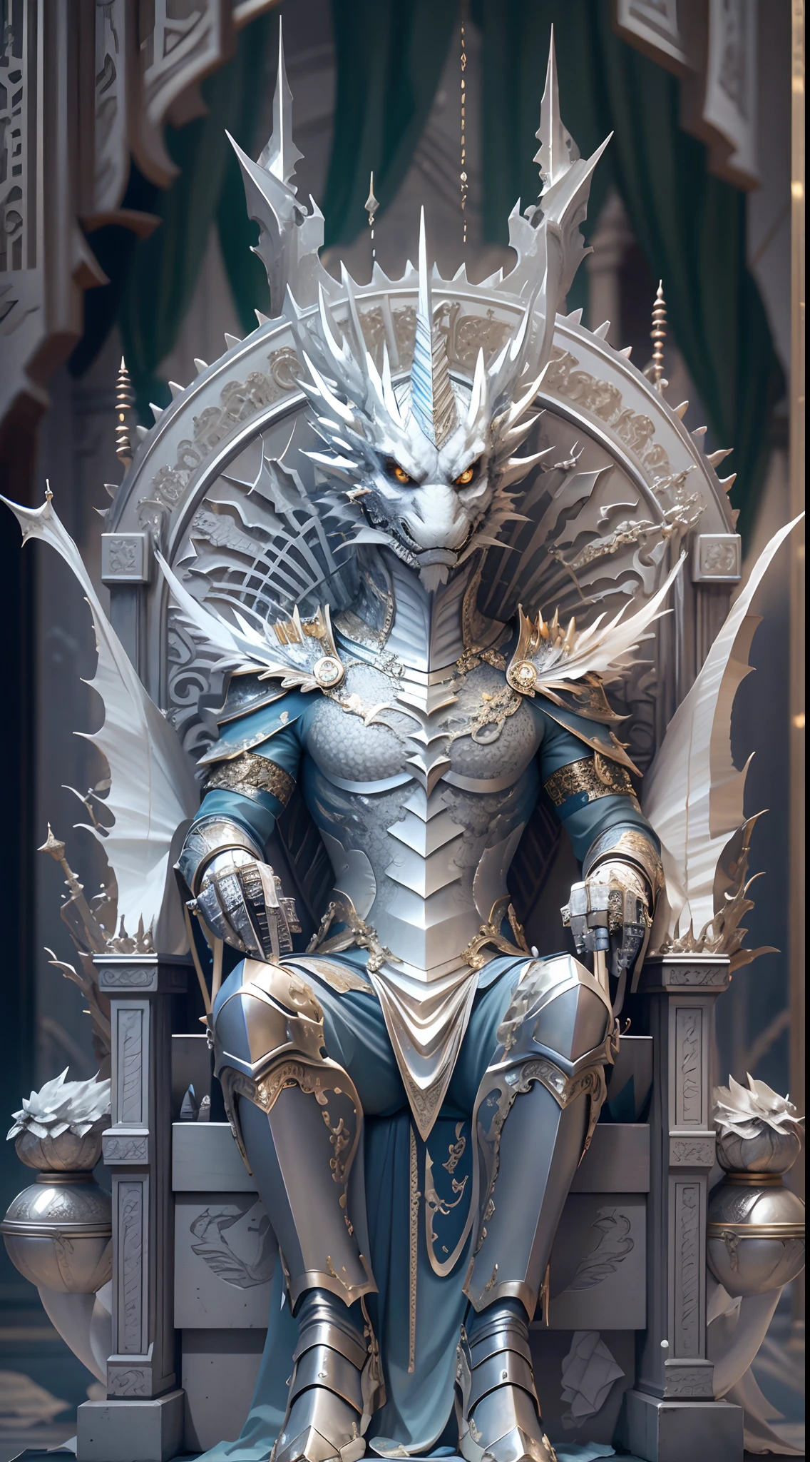 [Silver Dragon] [glittery], [Precise, Thin edges], [Meticulous, Surgical precision]，sitting in The Iron Throne。