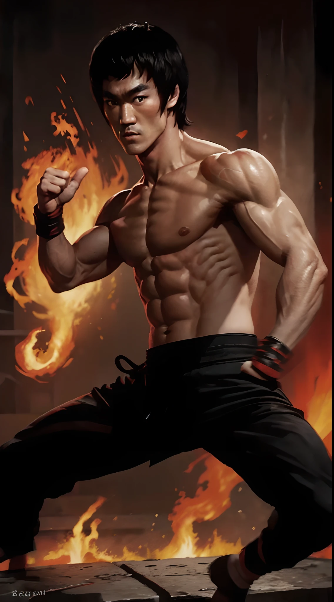 actor ((Bruce Lee)) as Liu Kang, Mortal Kombat, red headband, black pants with red stripes, fire on background, intricate, high detail, sharp focus, dramatic, photorealistic painting art by greg rutkowski