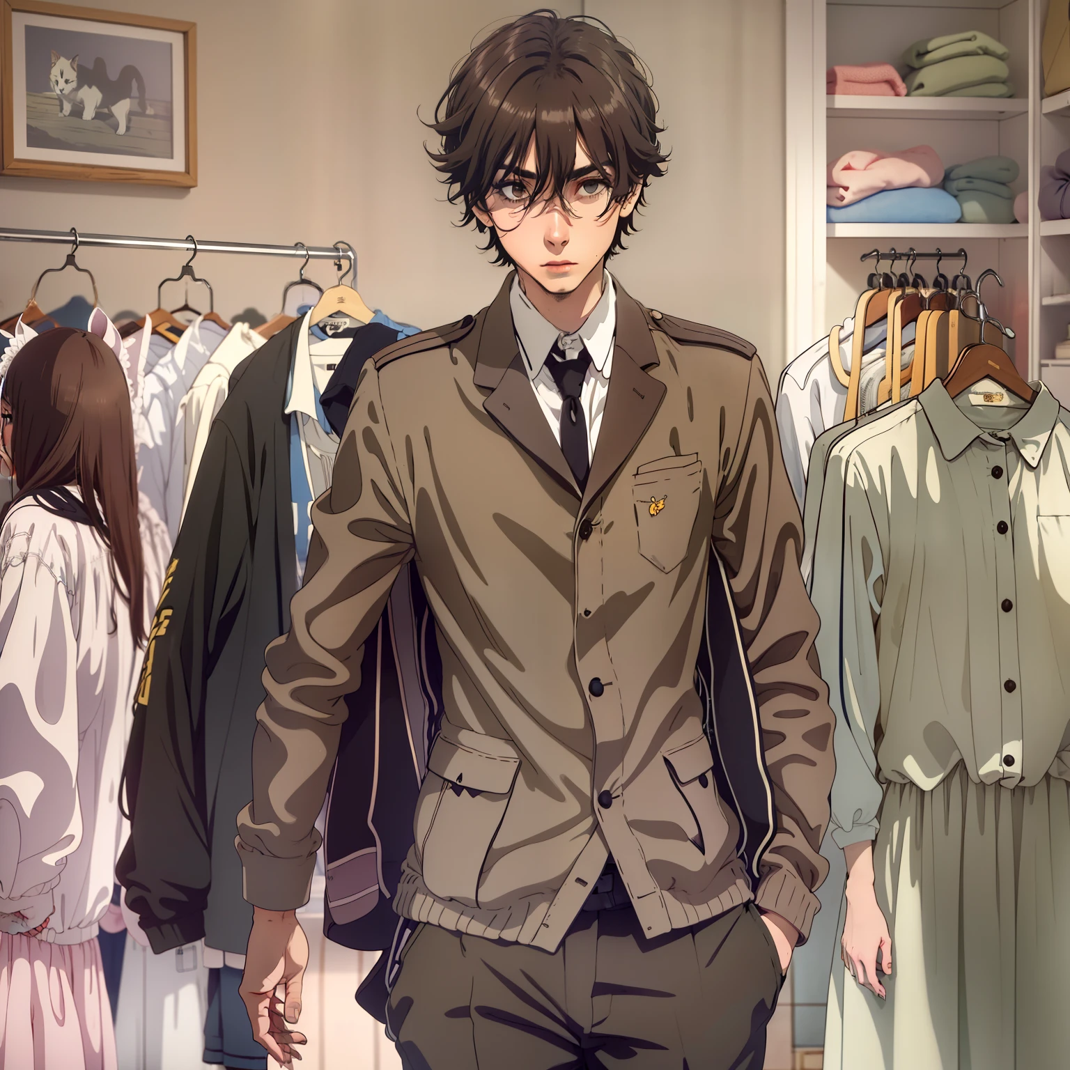 Chico anime, 22year old, gotico, ((mejor calidad 8k))((straight brown hair long to the shoulders)) piel blanca y tersa, pale, joven, cara larga y afilada, expression would be, mirada fria, vista de frente, (ropa negra, chaqueta de cuero negra), camisa interior negra, camea primer plano, fondo desenfocado, ((en una habitacion oscura))