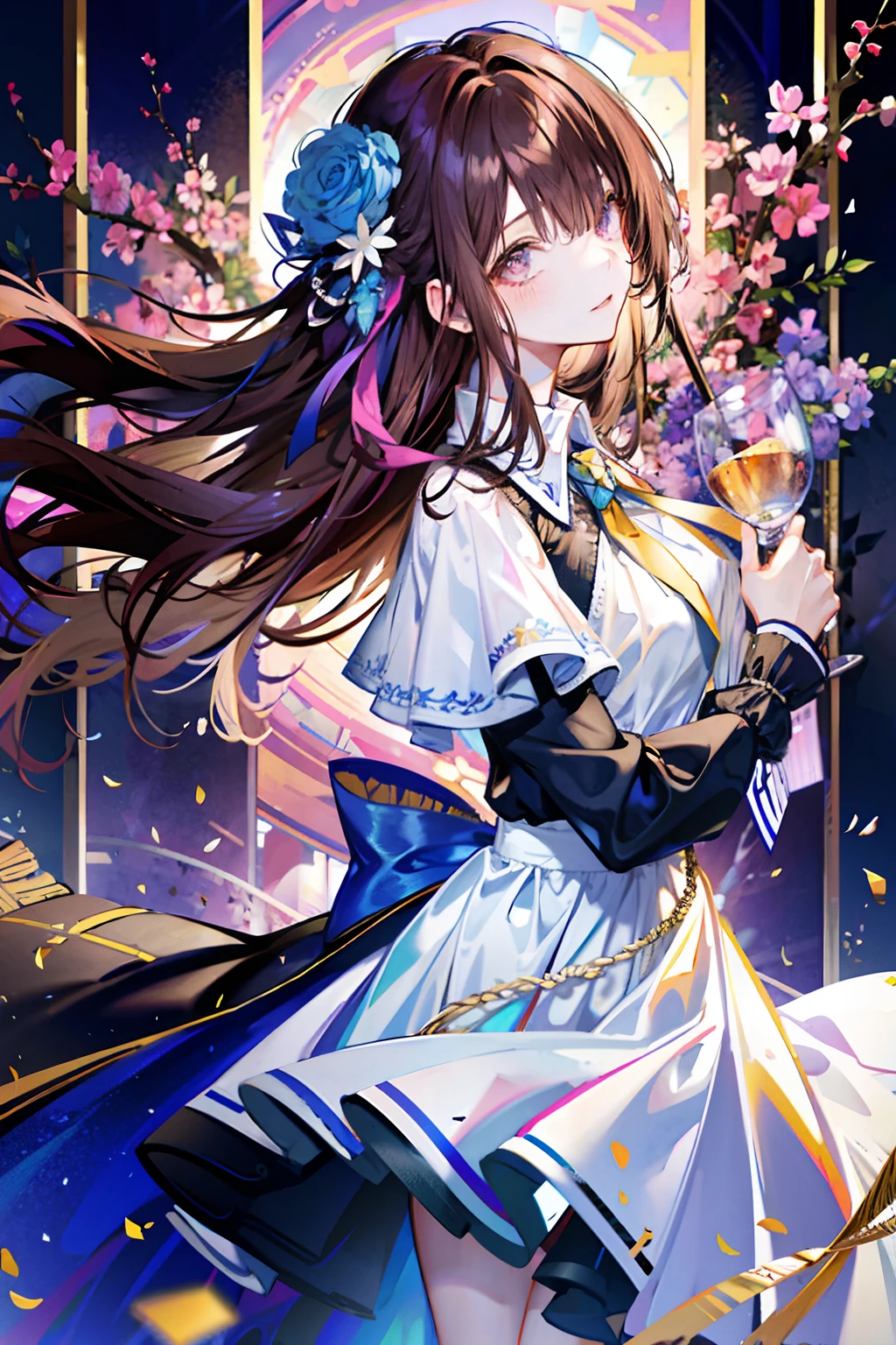 best quality, detailed wallpapers, highest resolution, 8k wallpapers, blooming flowers, messy hair, shiny hair, bright pupils, big exposure, focus on clothes, long brown hair, brown hair, random pose, glass ceiling, hair for more than one eye