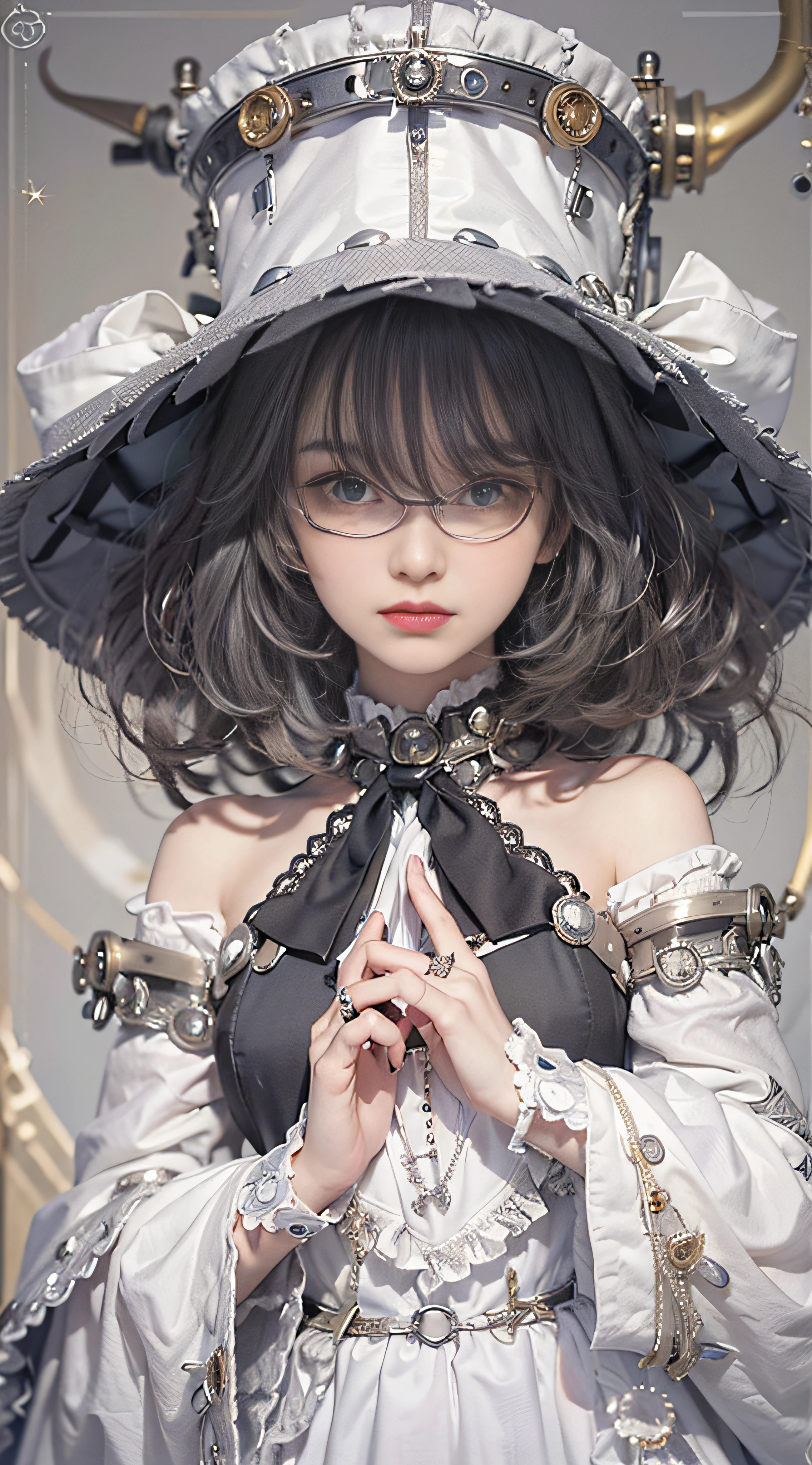 (((Masterpiece, top quality, ultra-detailed))), (((1 Infinity Mage Girl))), , (((very detailed face))), small thin nose, small thin-lipped mouth, (((very sharp focused eyes))), very large slit precision pale grey eyes, sparkling like jewels. Very long eyelashes, long black hair in black vertical curls, with fringes, ((Steampunk fashion, Gothic Lolita fashion))
