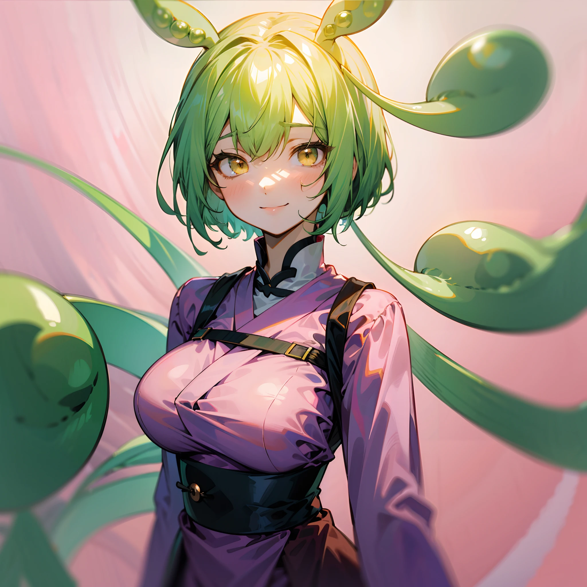 a beauty girl，Yellow-green hair，bobhair、short-hair、Gentle drooping eyes，large full breasts、校服，Manga style，fulcolor，hi-school girl，Calm and gentle face，Big smile、innocent smiles