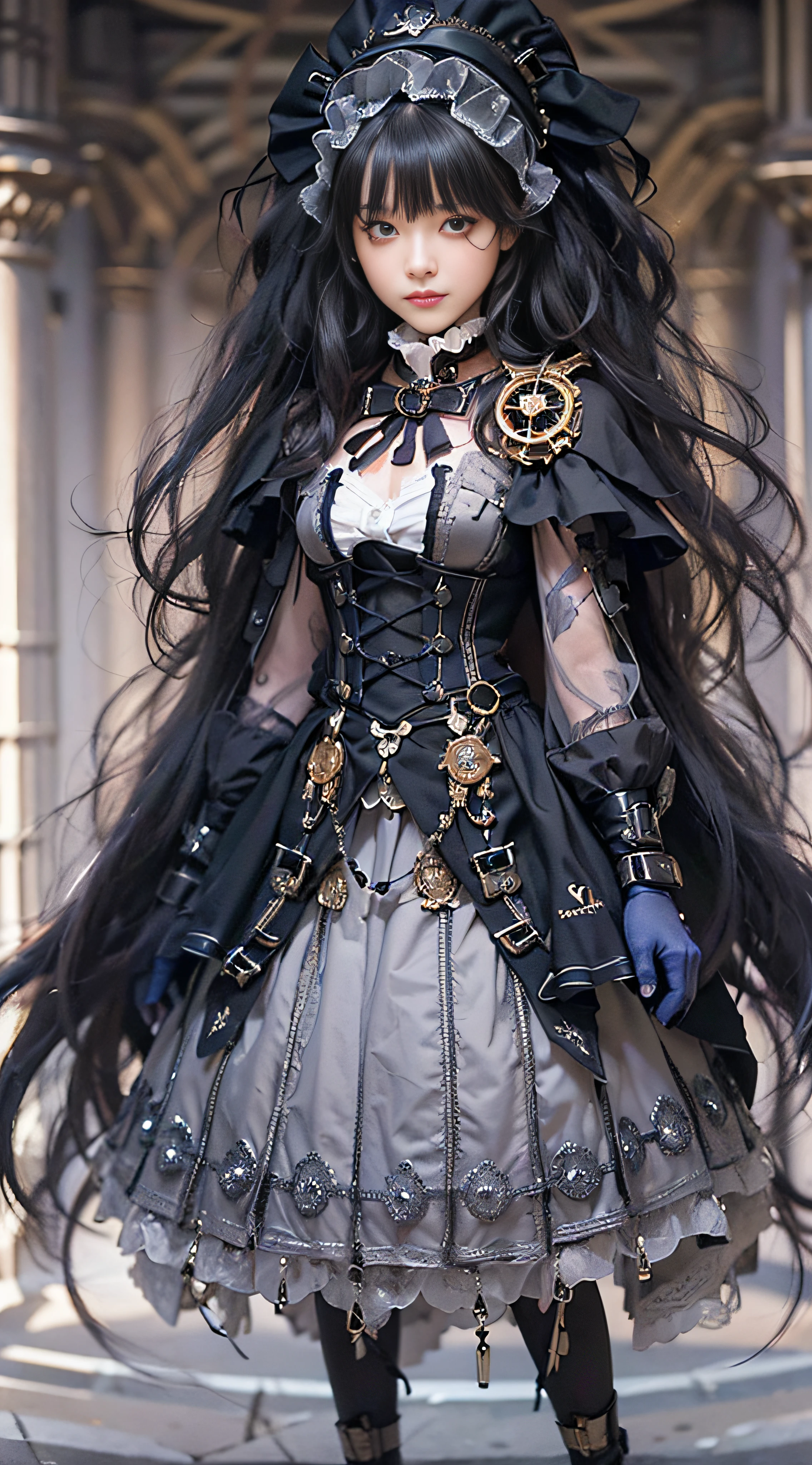 (((Masterpiece, top quality, ultra-detailed))), (((1 Infinity Mage Girl))), 14 years old, (((very detailed face))), small thin nose, small thin-lipped mouth, (((very sharp focused eyes))), very large slit precision pale grey eyes, sparkling like jewels. Very long eyelashes, long black hair in black vertical curls, with fringes, ((Steampunk fashion, Gothic Lolita fashion))