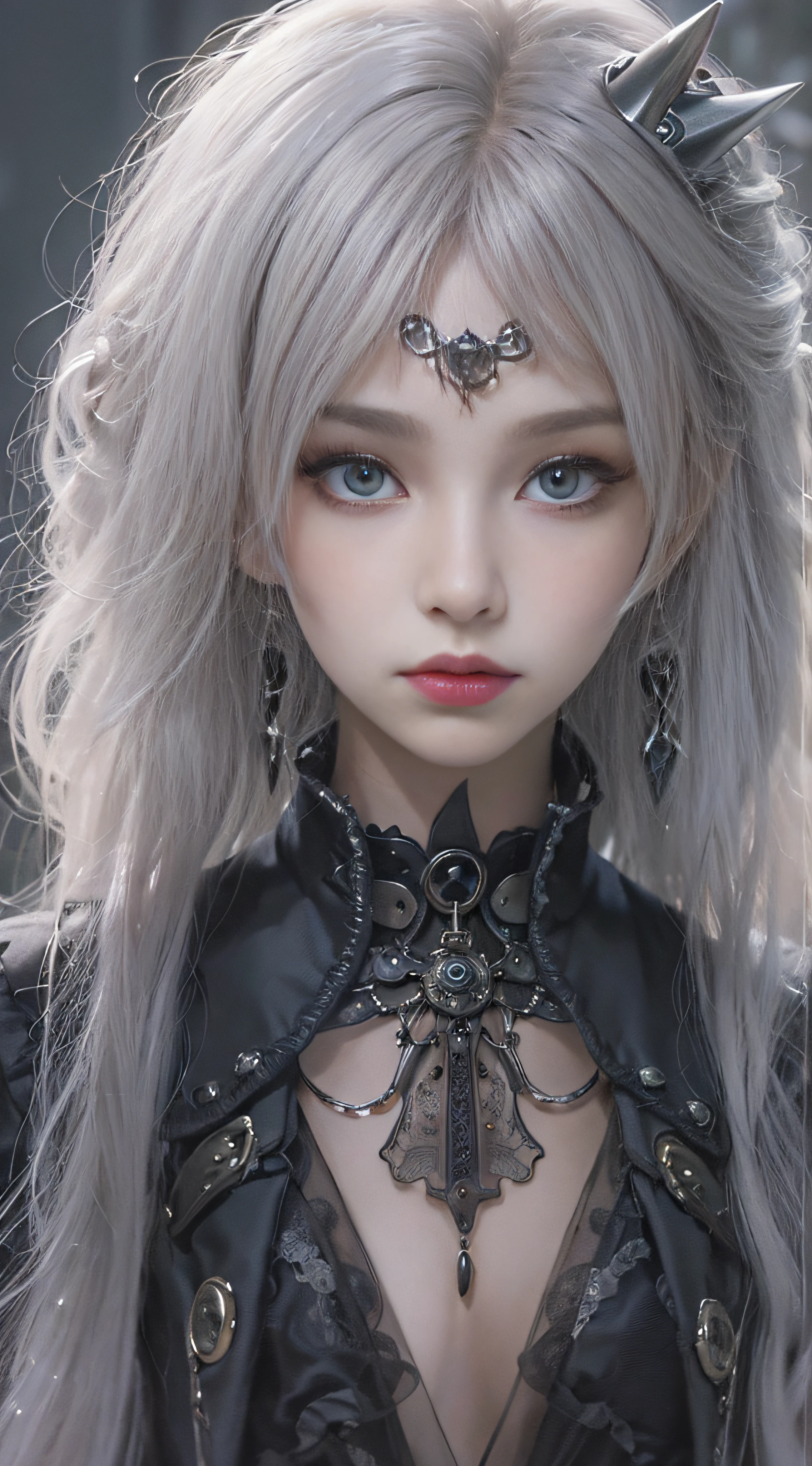 (((Masterpiece, top quality, ultra-detailed))), (((1 Infinity Mage Girl))), 14 years old, (((very detailed face))), small thin nose, small thin-lipped mouth, (((very sharp focused eyes))), very large slit precision pale grey eyes, sparkling like jewels. Very long eyelashes, long black hair in black vertical curls, with fringes, ((Steampunk fashion, Gothic Lolita fashion))