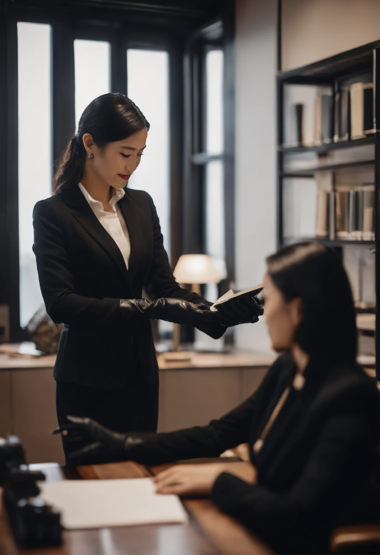 Wearing black leather gloves in both hands, upper body, black business suit, facing the desk in the modern study in the dark, looking down and smiling, writing a letter using a fountain pen, long, straight black hair, young Japanese woman (black leather gloves cover both hands)