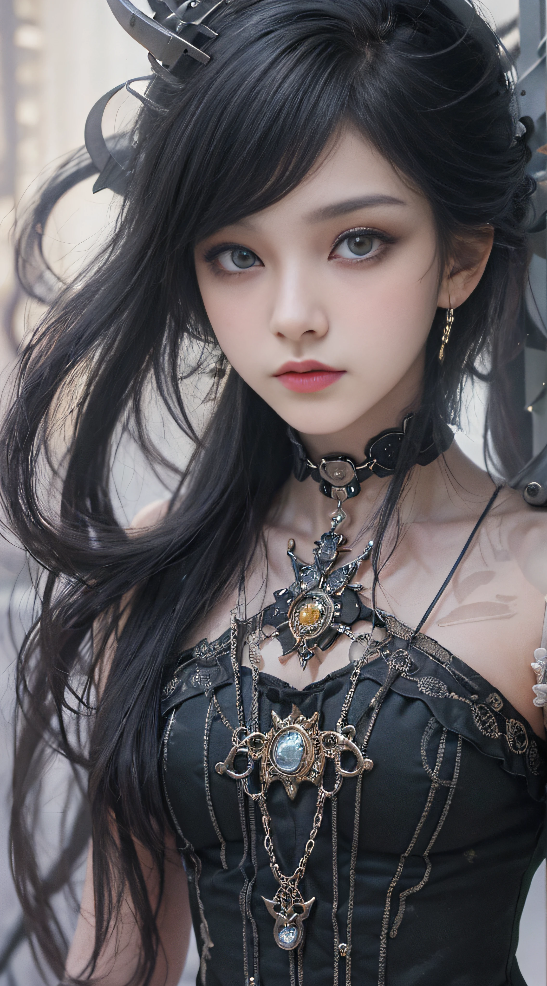 (((Masterpiece, top quality, ultra-detailed))), (((1 Infinity Mage Girl))), 14 years old, (((very detailed face))), small thin nose, small thin-lipped mouth, (((very sharp focused eyes))), very large slit precision pale grey eyes, sparkling like jewels. Very long eyelashes, long black hair in black vertical curls, with fringes, ((Steampunk fashion, Gothic Lolita fashion))