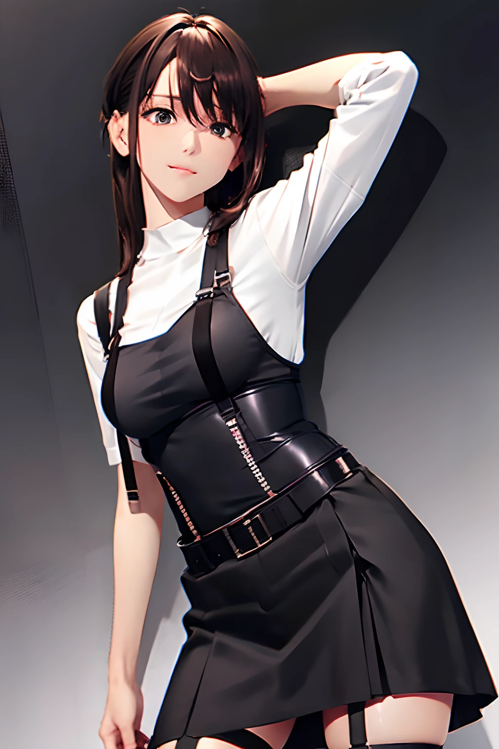 Black skirt, 　suspenders, Brown hair Gray eyes, Garter belt on the legs, Tight black clothes, 　　 a belt　Armpit sweat　　Dark look　Moderately breasts　holster　chain　　poneyTail　Water wetting